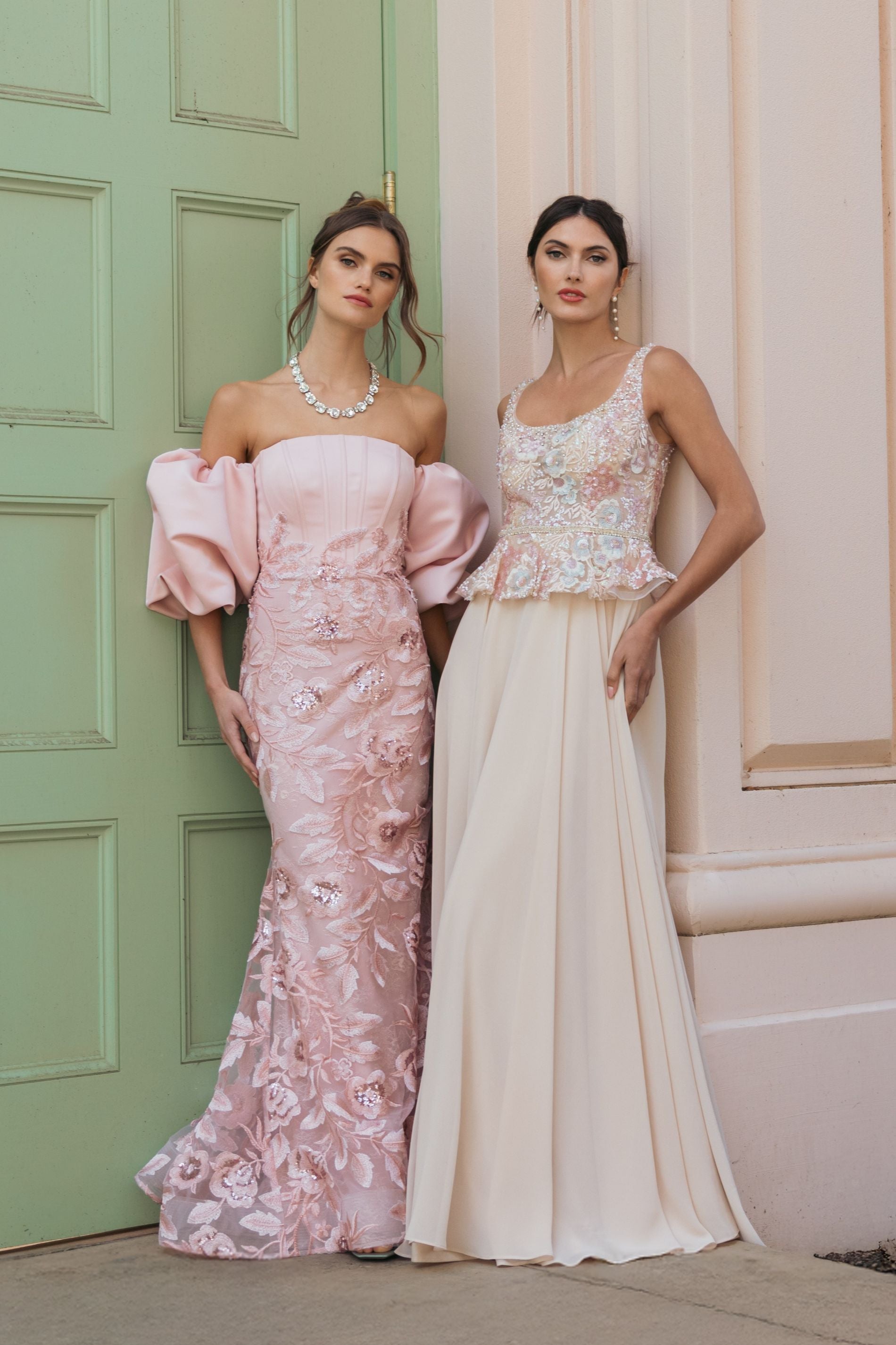 Beige Beaded Floral Peplum A Line Gown Mac Duggal