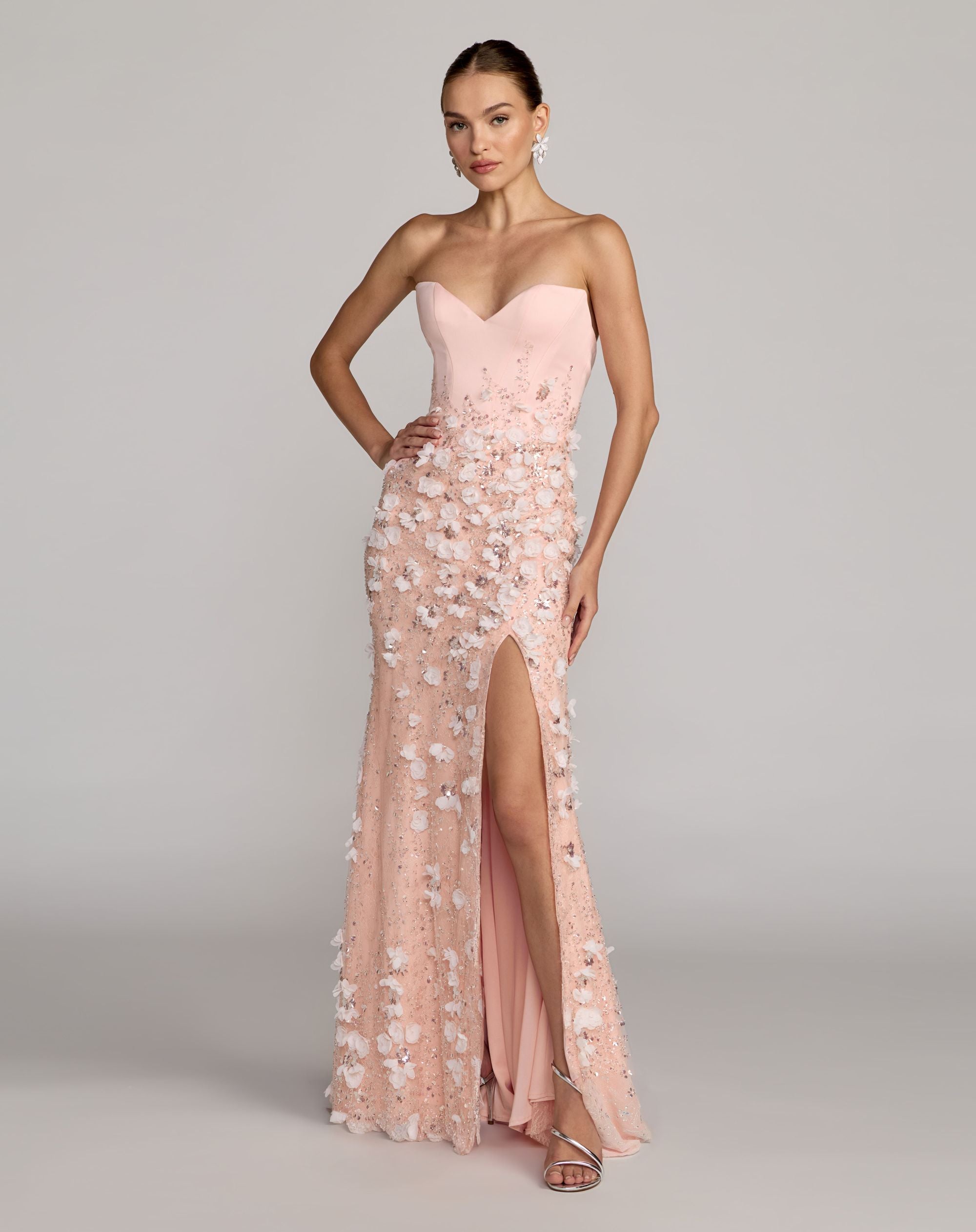 Pink Floral Satin Strapless Sweetheart Gown With Slit - Ieena for Mac Duggal