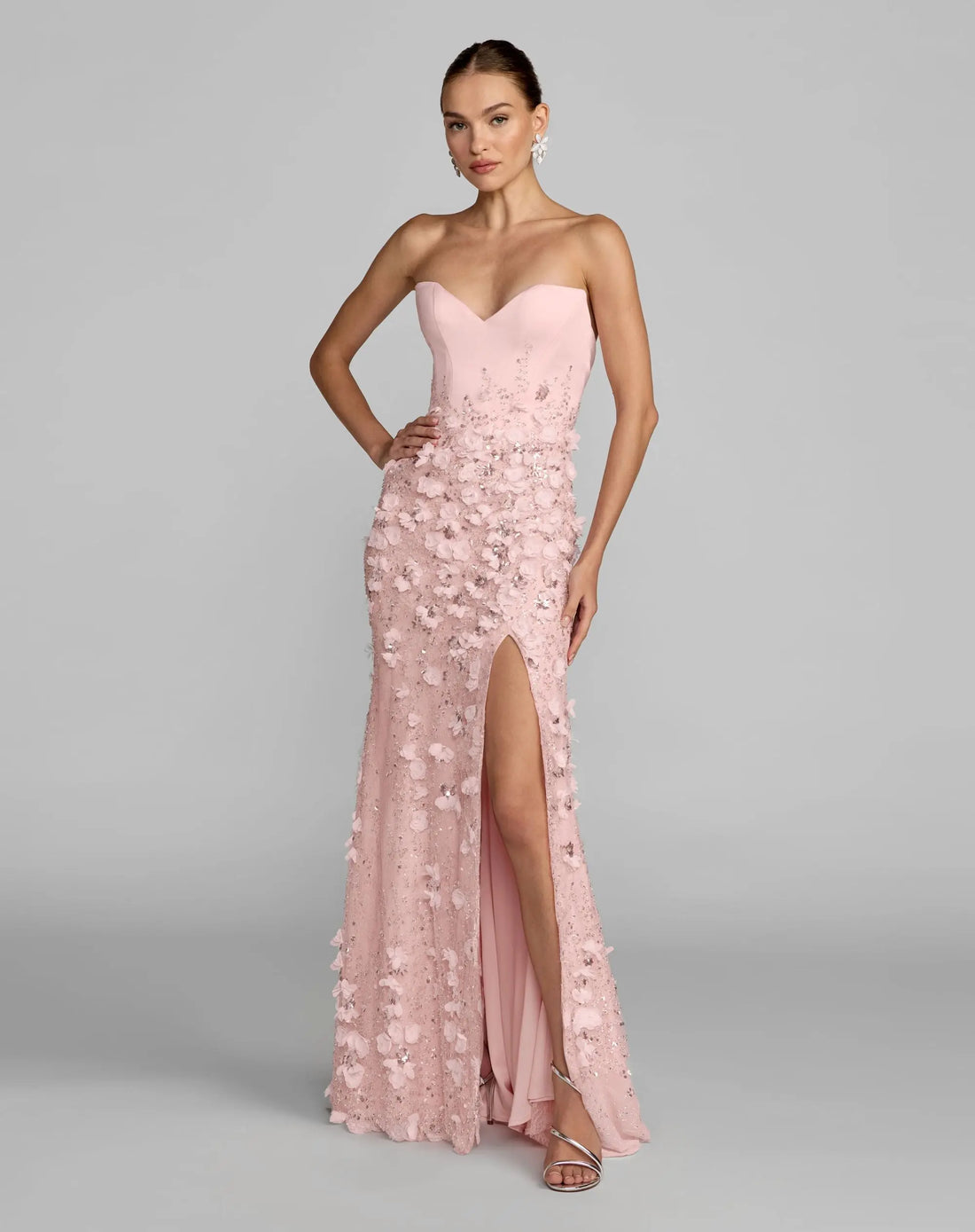 Mac Duggal Women's Floral Satin Strapless Sweetheart Gown With Slit - Pink - Size 2 - Blush Mac Duggal Women's Floral Satin Strapless Sweetheart Gown With Slit - Pink - Size 2 - Blush