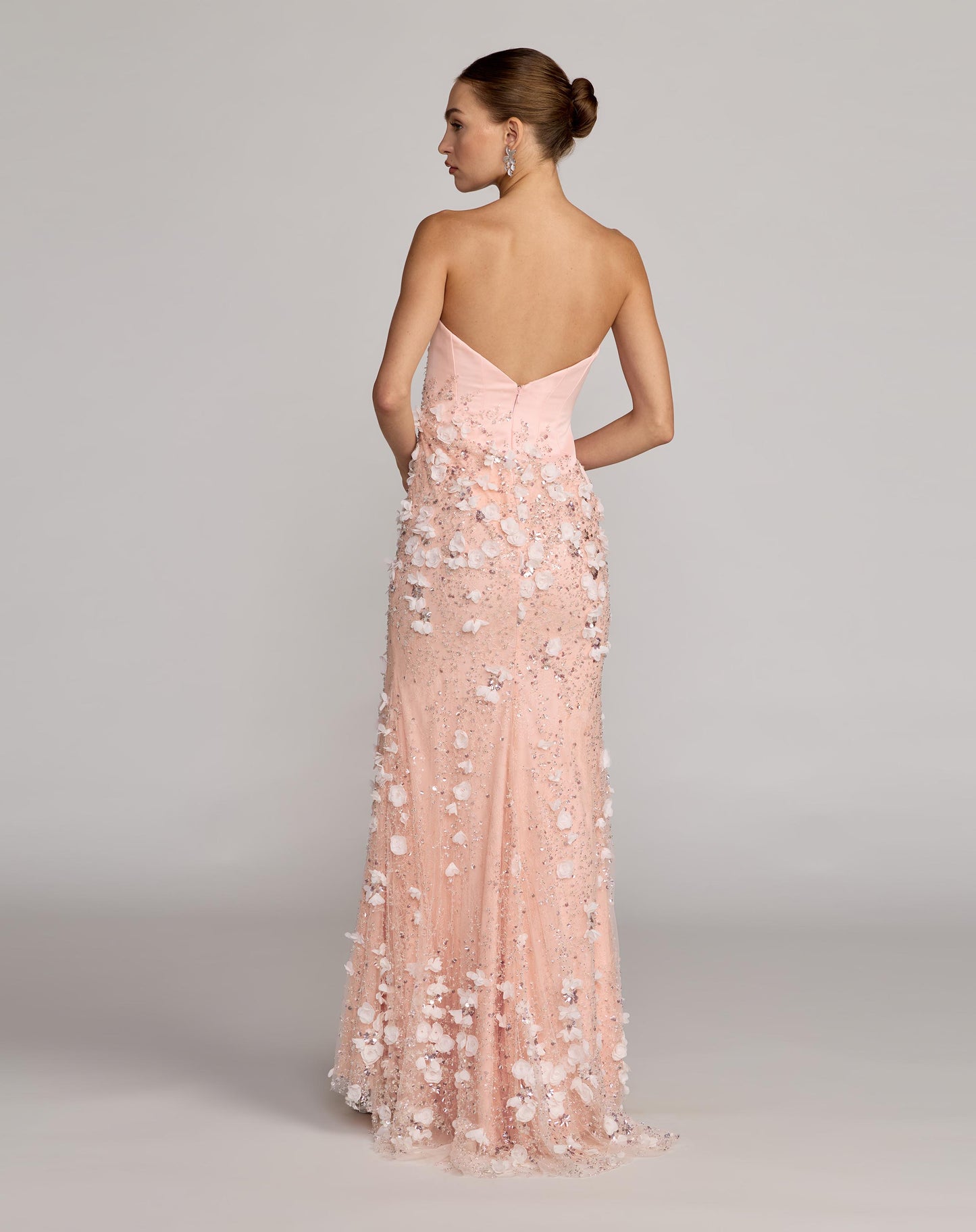 Pink Floral Satin Strapless Sweetheart Gown With Slit Mac Duggal