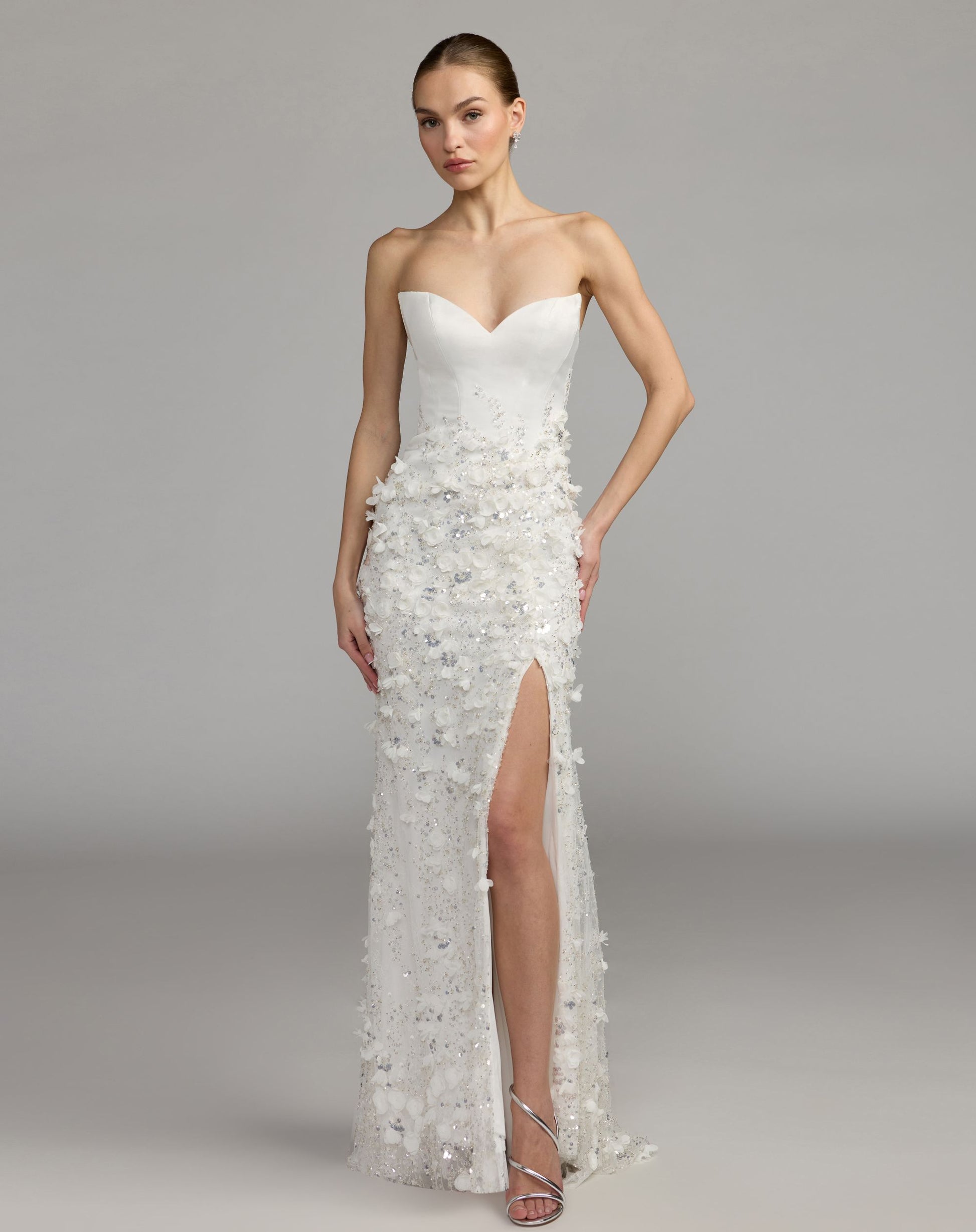 White 3D Floral Strapless Sweetheart Gown With Slit - Mac Duggal