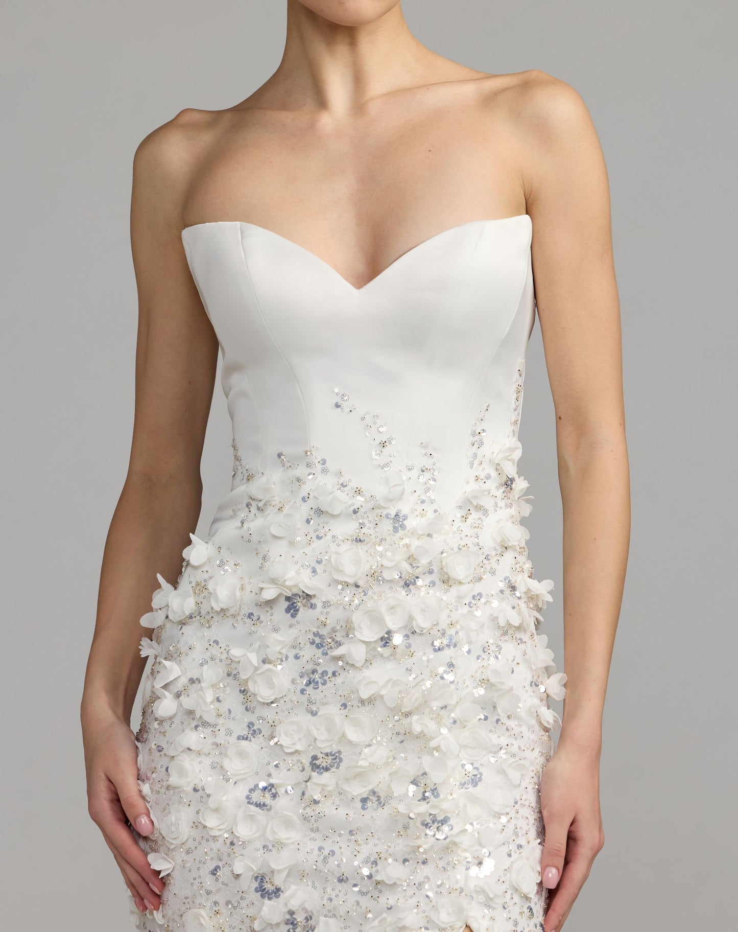 White 3D Floral Strapless Sweetheart Gown With Slit - Mac Duggal