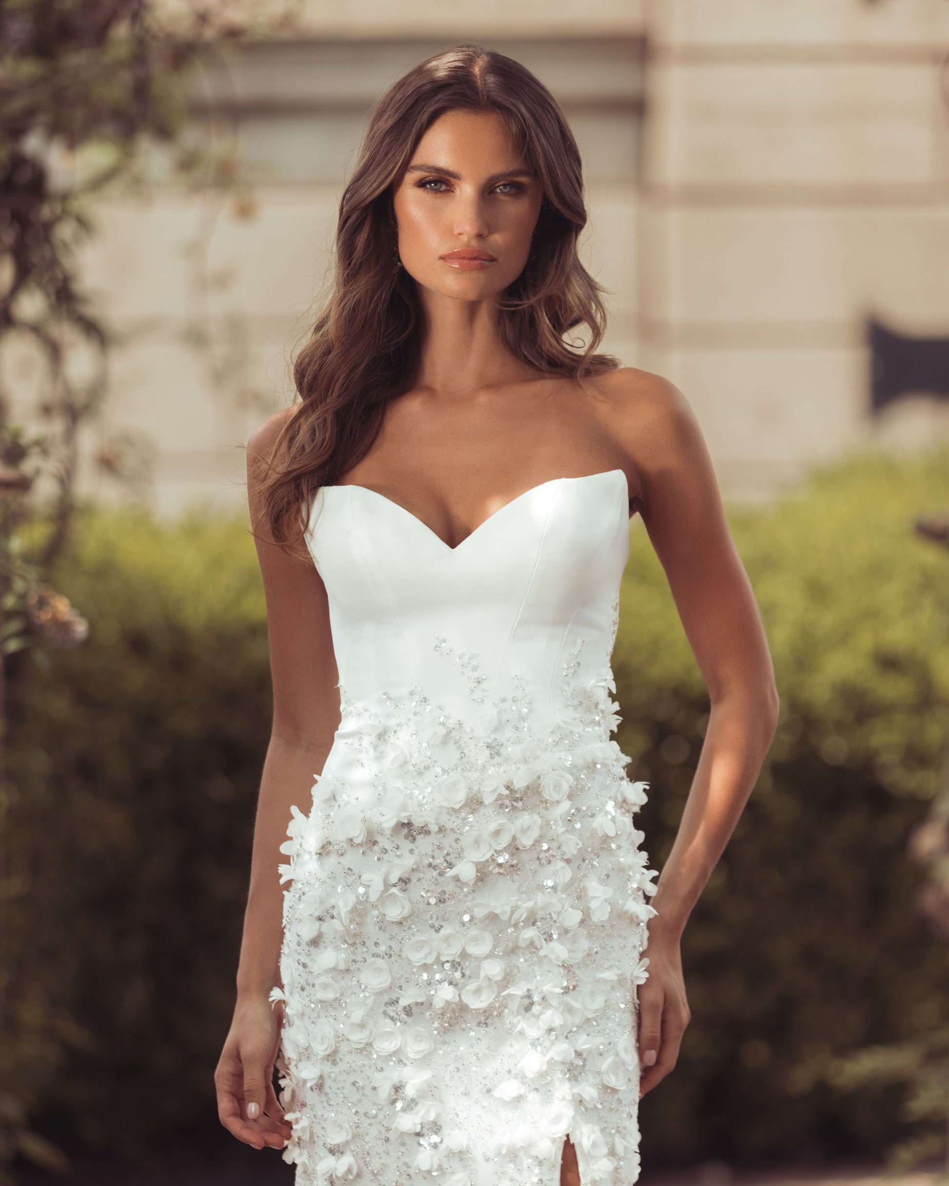 White 3D Floral Strapless Sweetheart Gown With Slit - Mac Duggal