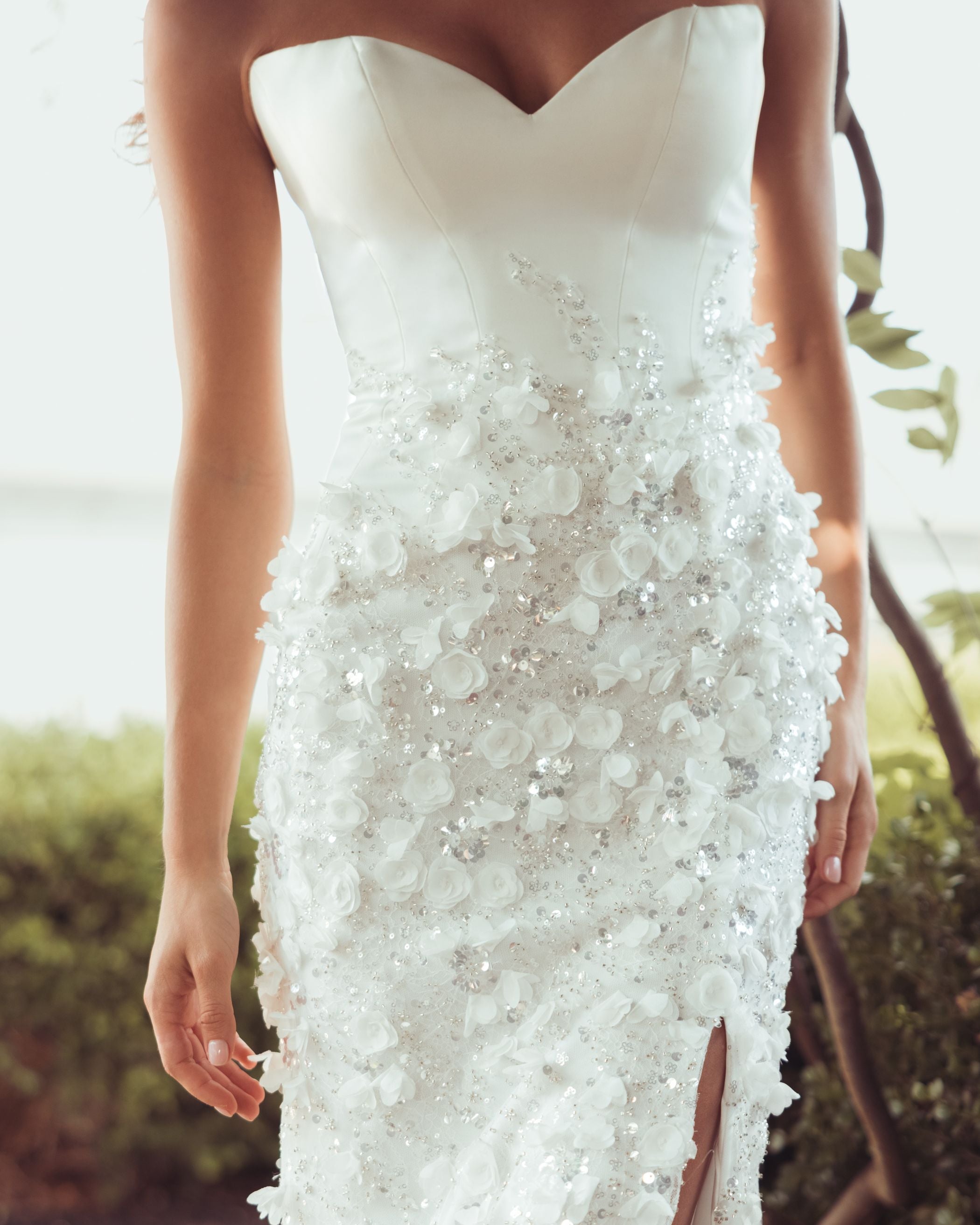 White 3D Floral Strapless Sweetheart Gown With Slit - Mac Duggal