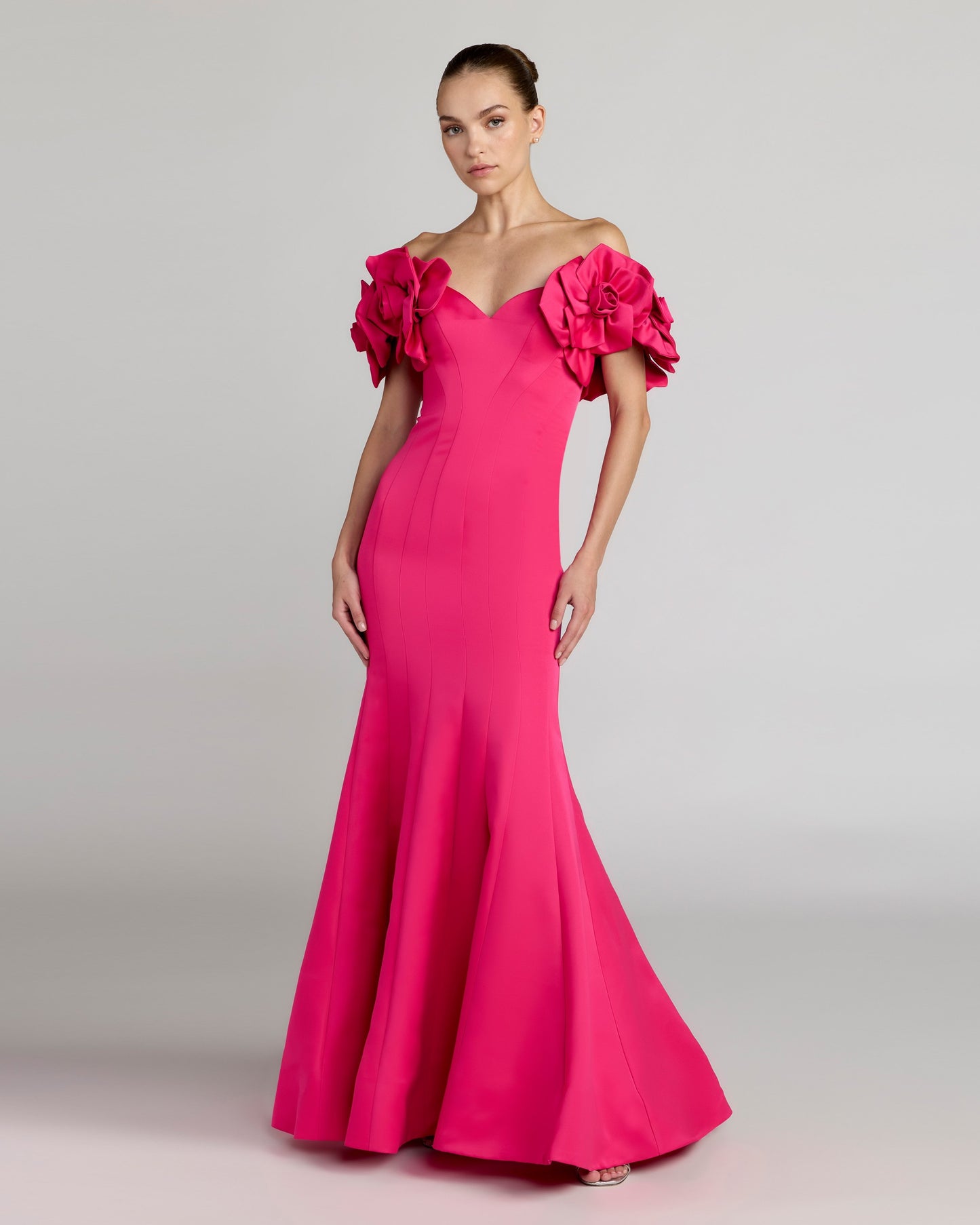 Pink Off The Shoulder Gown with 3D Floral Sleeves Mac Duggal