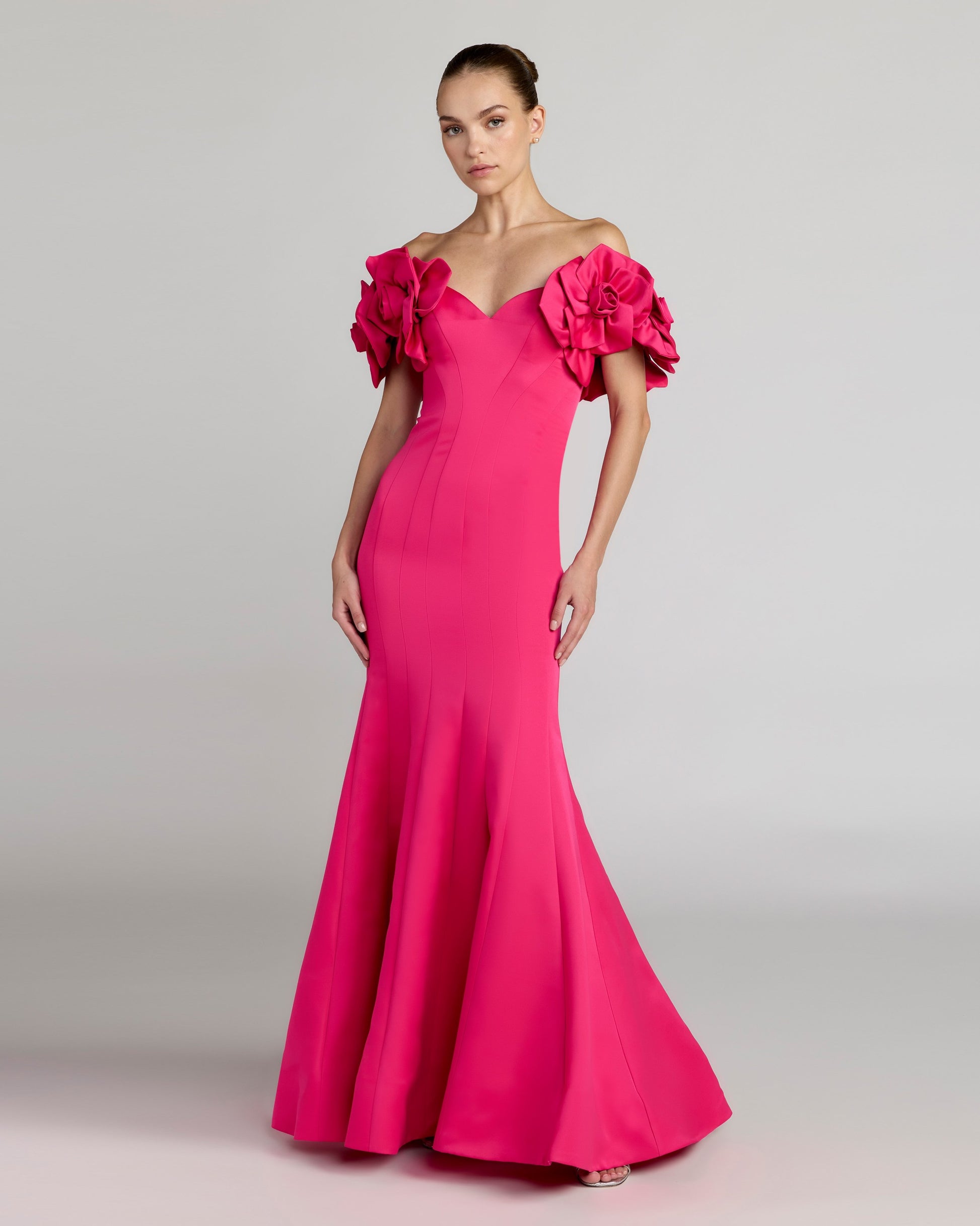 Pink Off The Shoulder Gown with 3D Floral Sleeves Mac Duggal