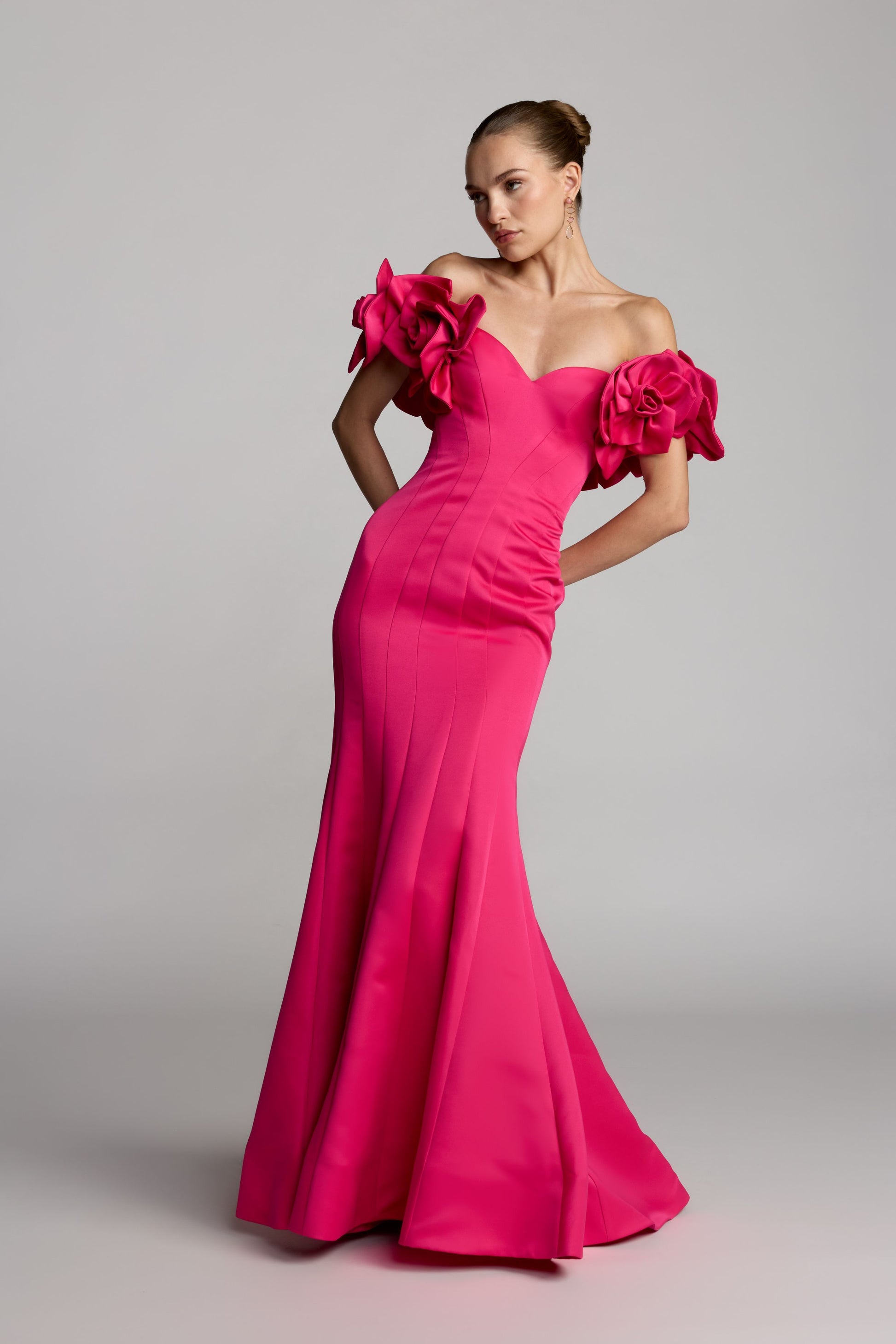 Pink Off The Shoulder Gown with 3D Floral Sleeves Mac Duggal