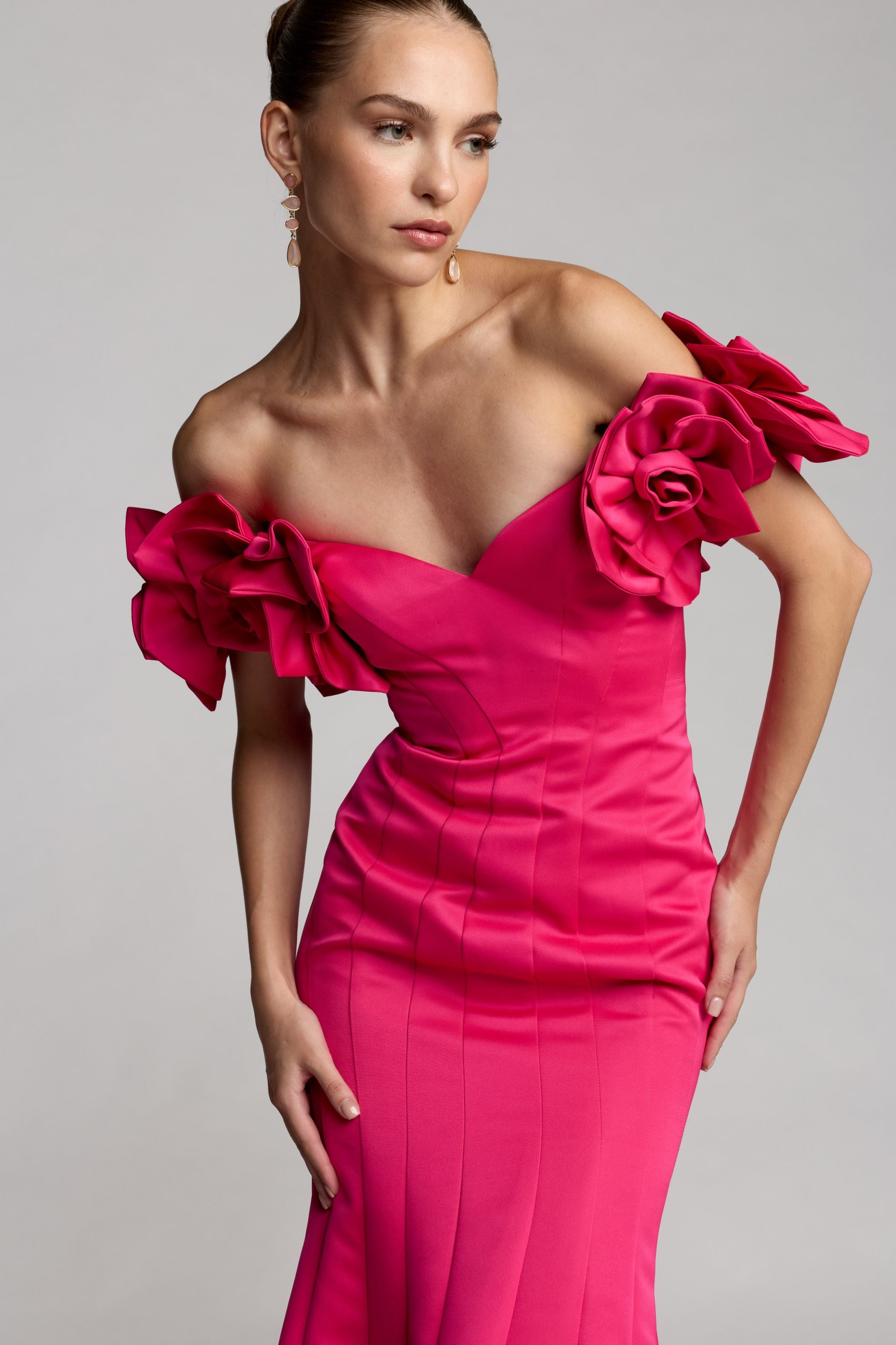 Pink Off The Shoulder Gown with 3D Floral Sleeves Mac Duggal