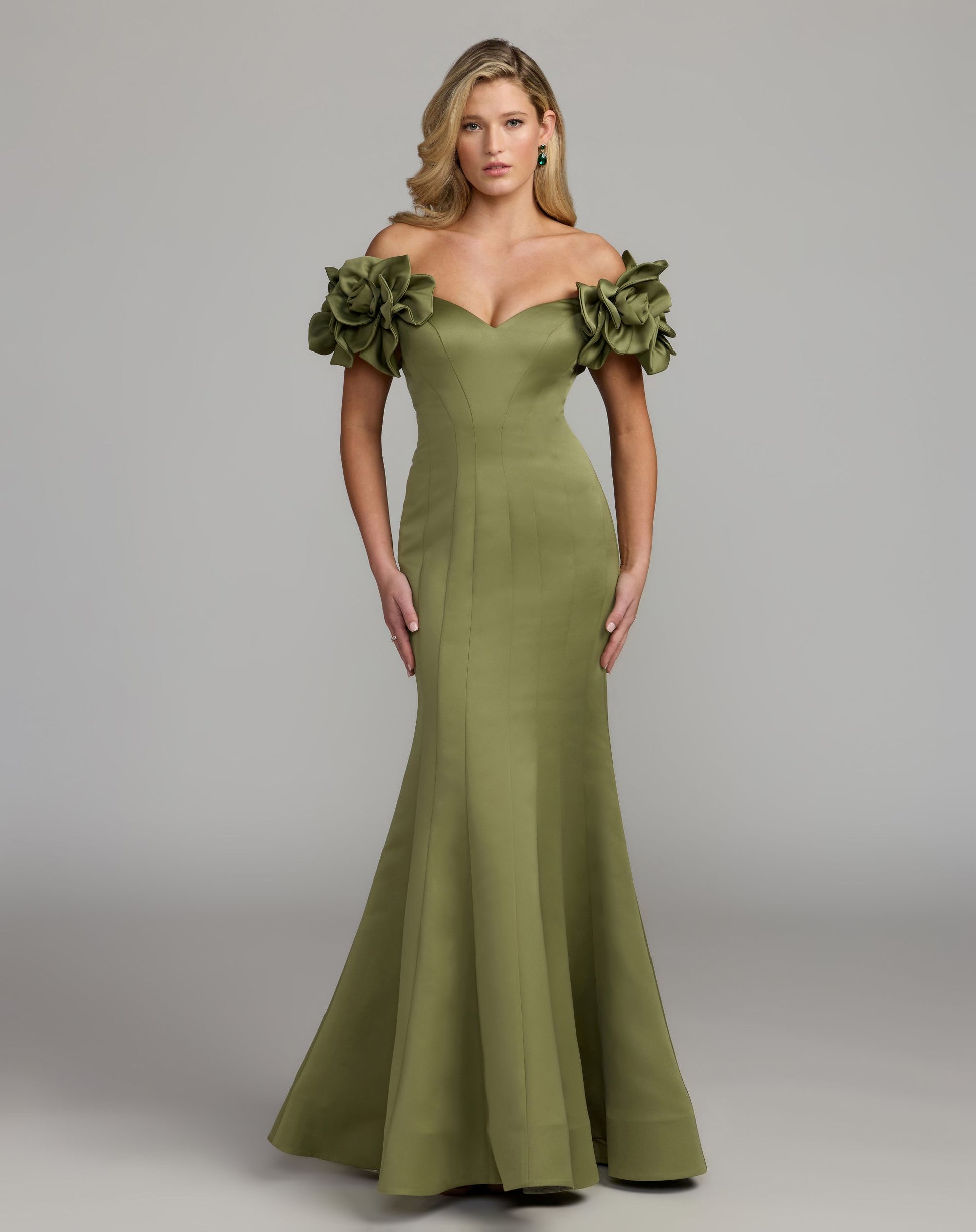 Green Off The Shoulder Gown With 3D Floral Sleeves - Ieena for Mac Duggal