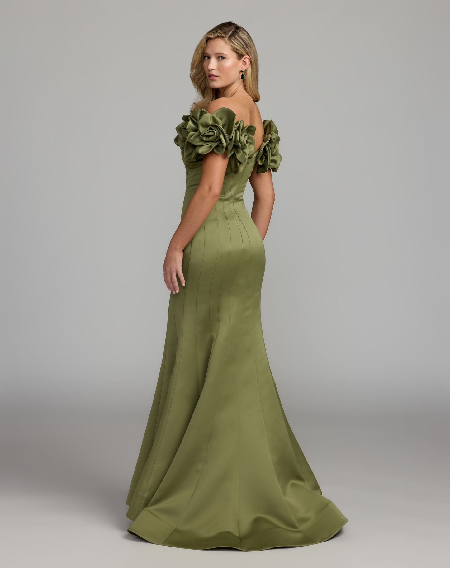 Green Off The Shoulder Gown With 3D Floral Sleeves - Ieena for Mac Duggal