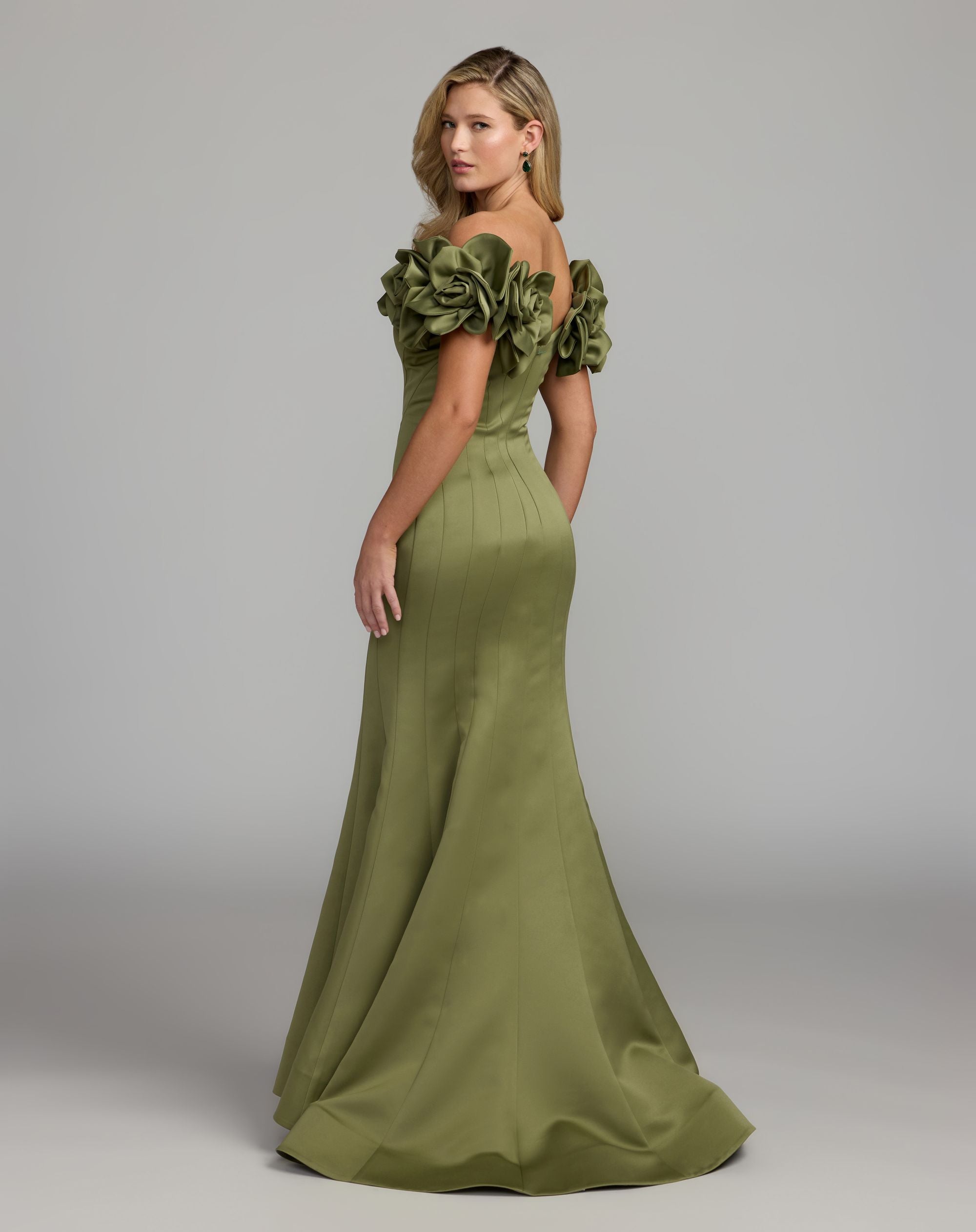 Green Off The Shoulder Gown With 3D Floral Sleeves - Ieena for Mac Duggal