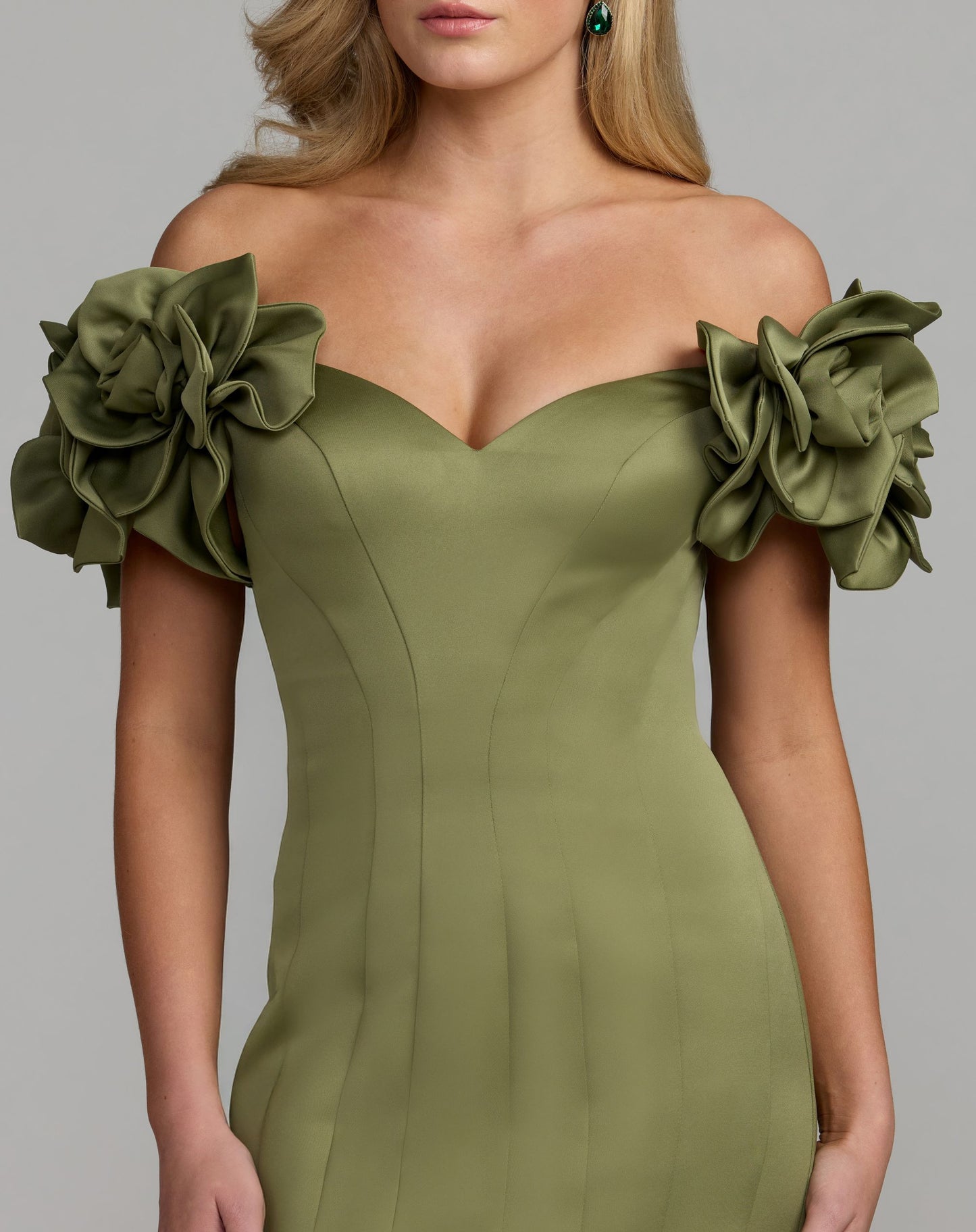 Green Off The Shoulder Gown With 3D Floral Sleeves - Ieena for Mac Duggal