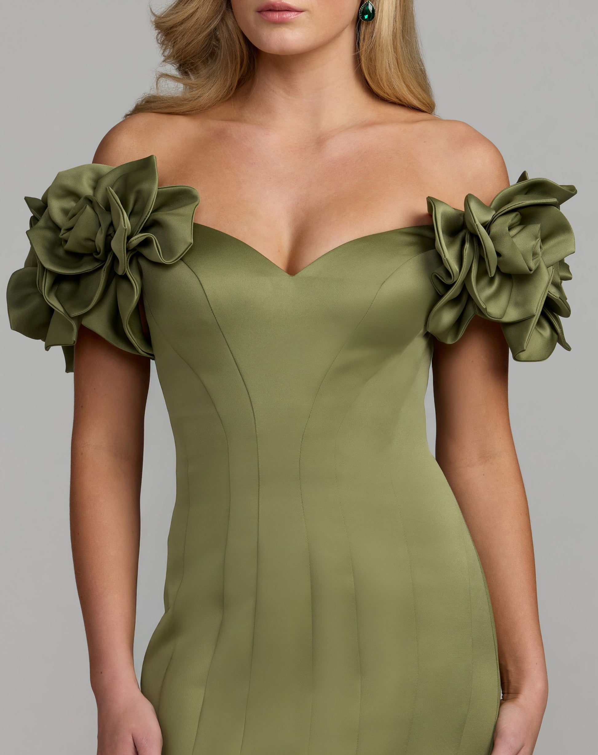 Green Off The Shoulder Gown With 3D Floral Sleeves - Ieena for Mac Duggal