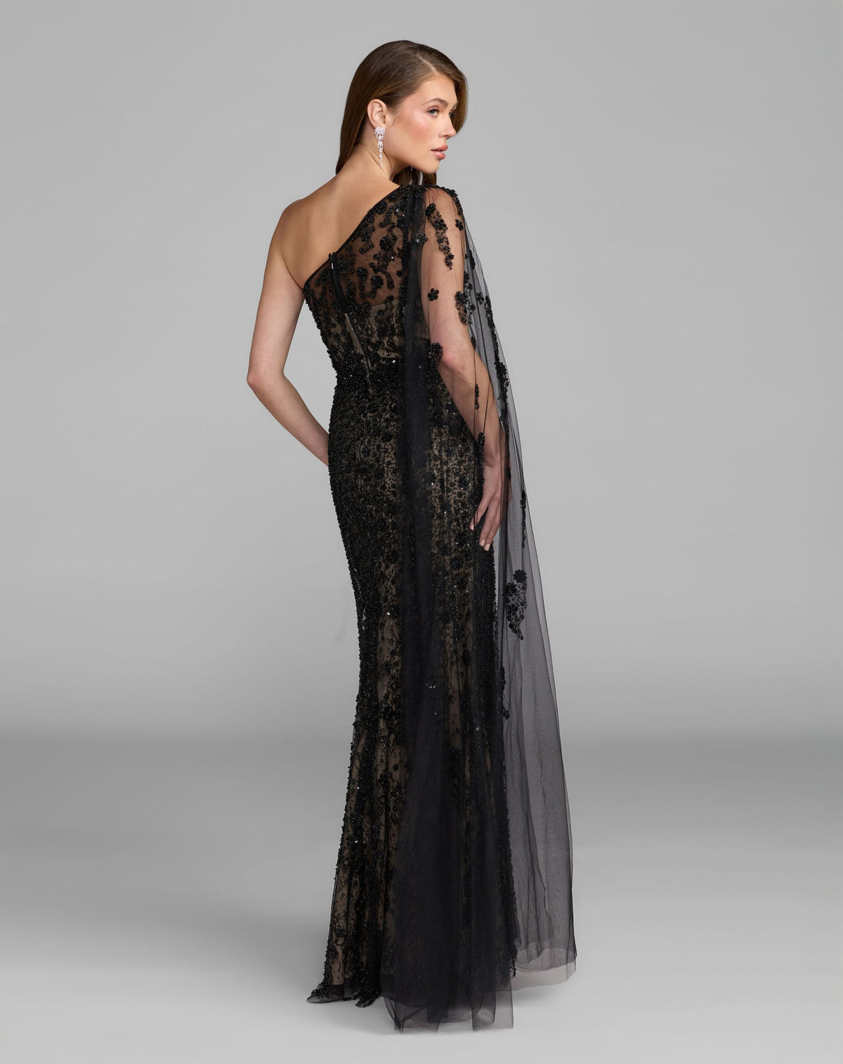 Black Embellished Lace One Shoulder Gown With Cape Sleeve - Mac Duggal