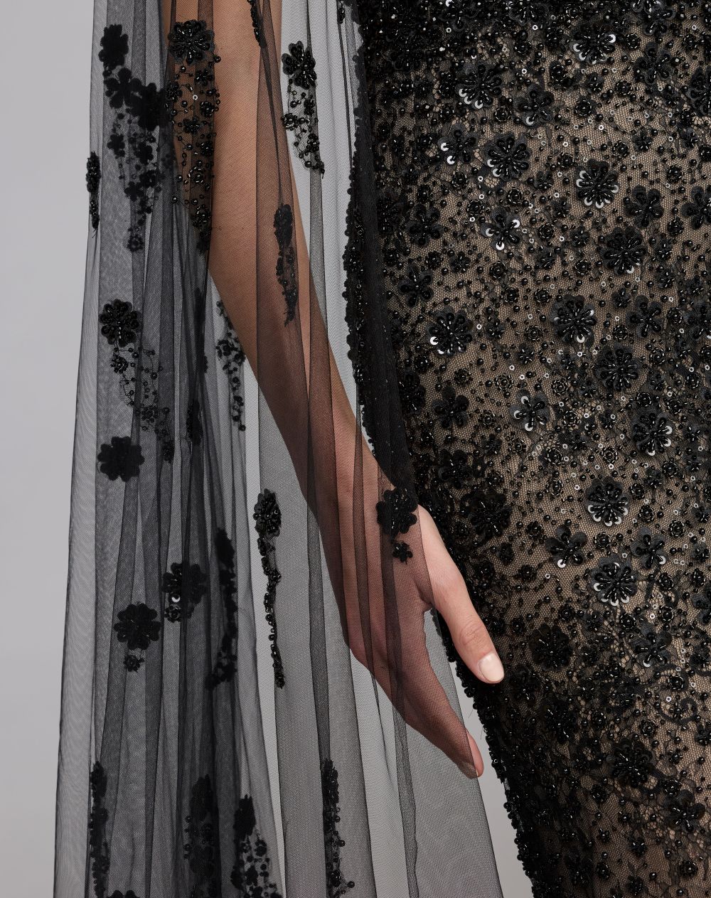 Black Embellished Lace One Shoulder Gown With Cape Sleeve - Mac Duggal