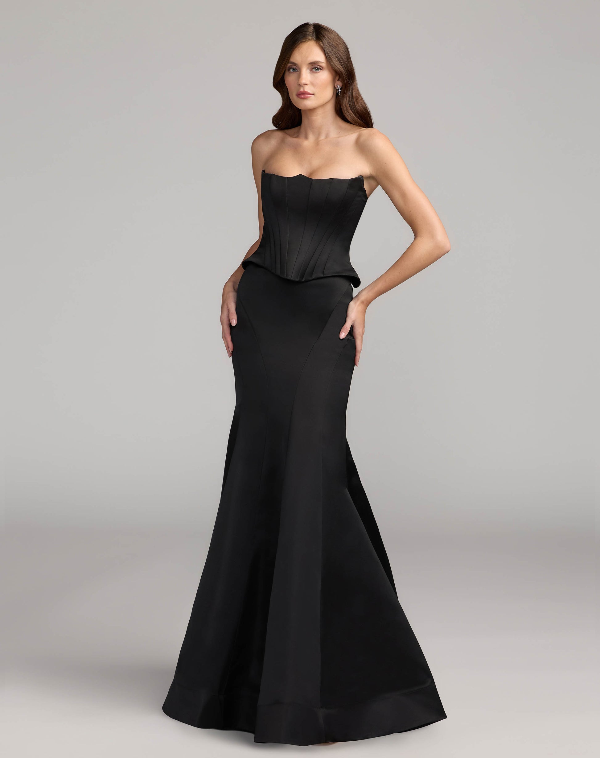 Black Strapless Satin Corset Peplum Gown  - Ieena for Mac Duggal