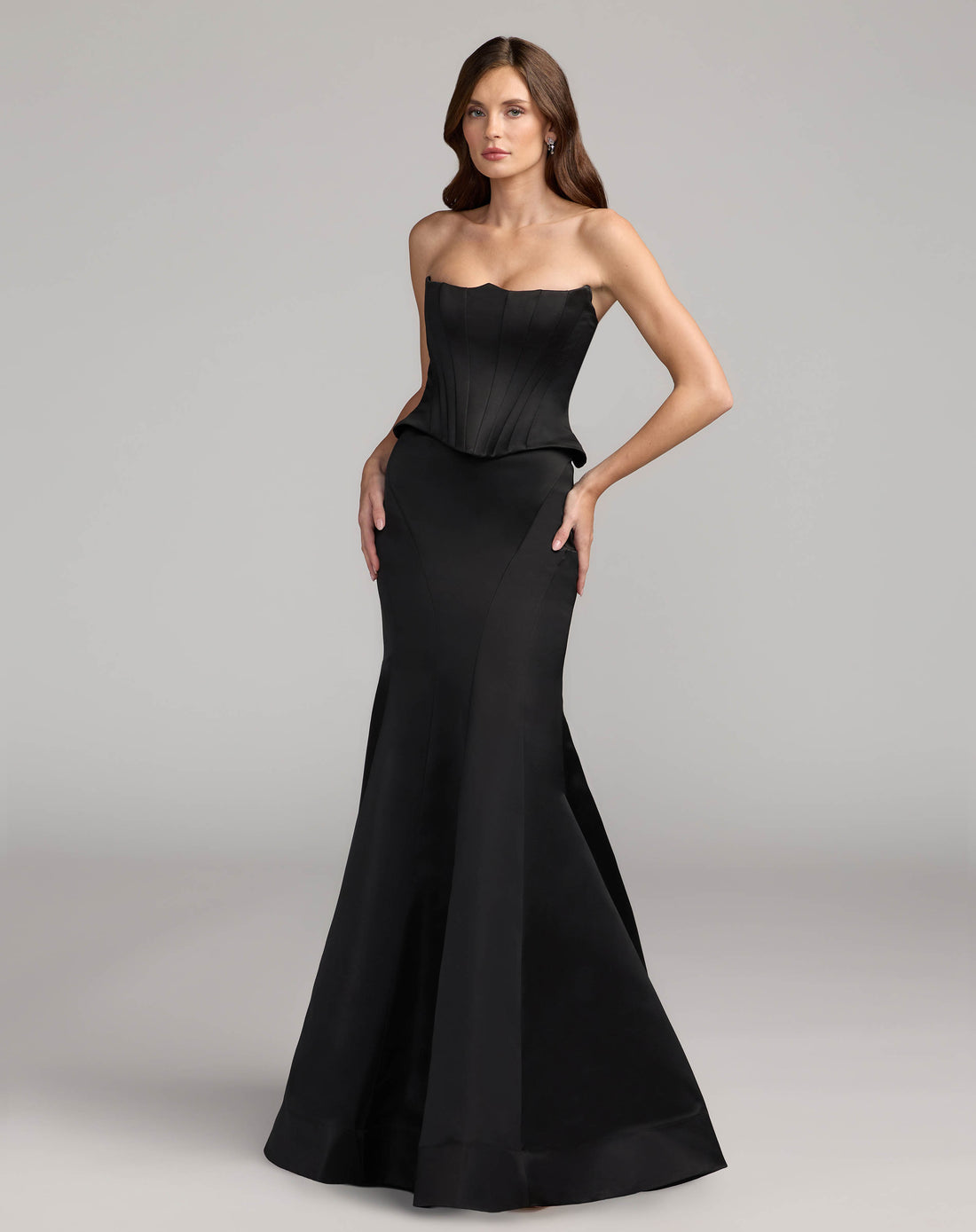 Black Strapless Satin Corset Peplum Gown  - Ieena for Mac Duggal