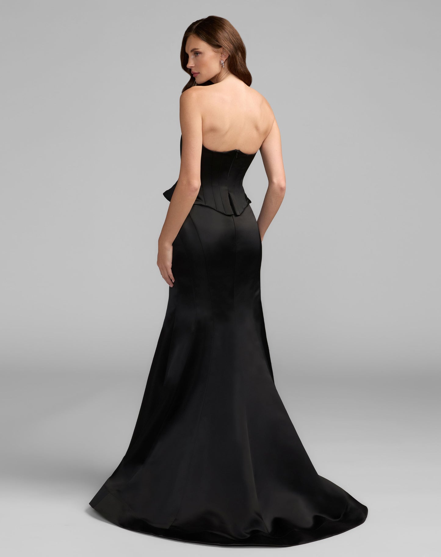 Black Strapless Satin Corset Peplum Gown  - Ieena for Mac Duggal