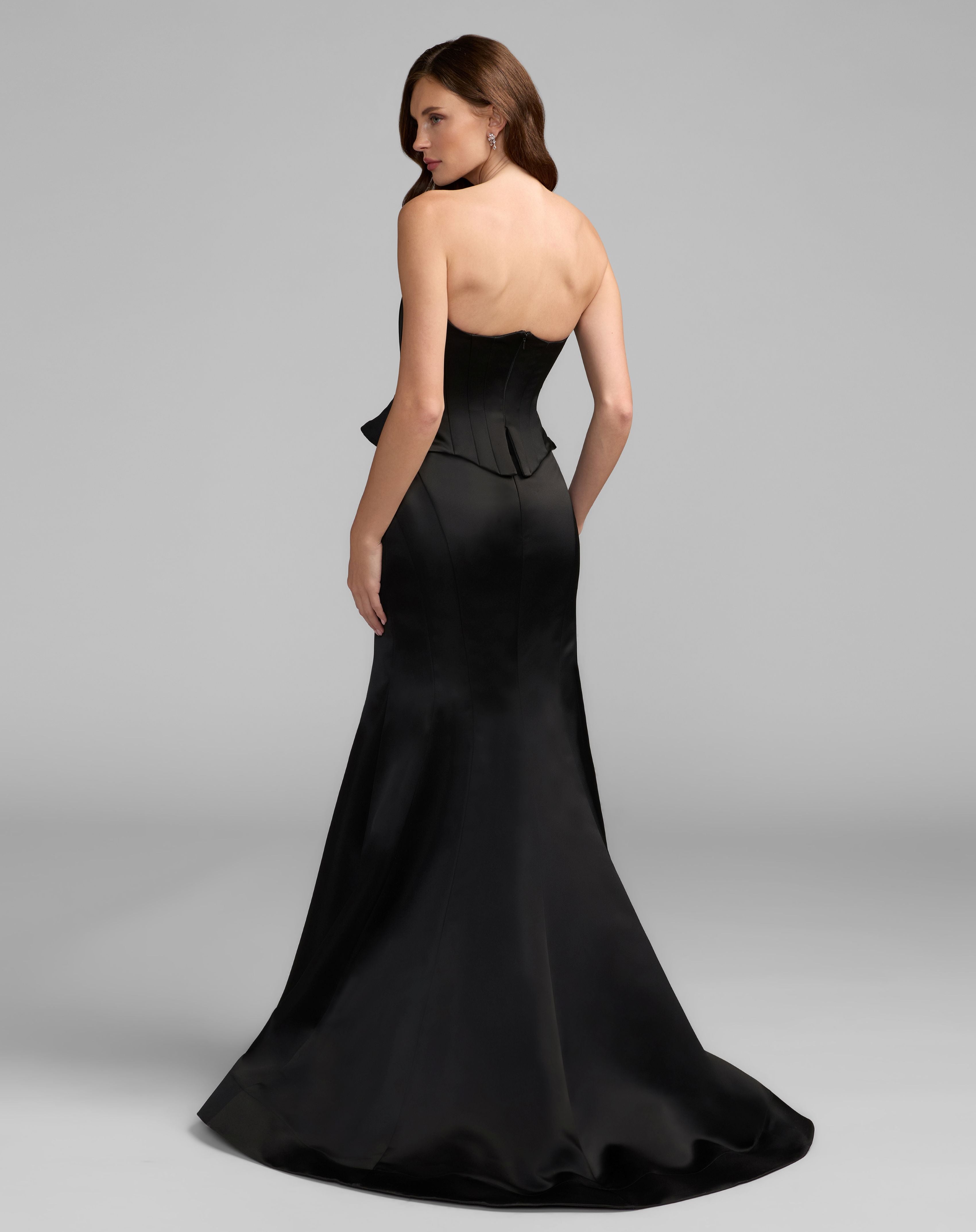 Black Strapless Satin Corset Peplum Gown  - Ieena for Mac Duggal