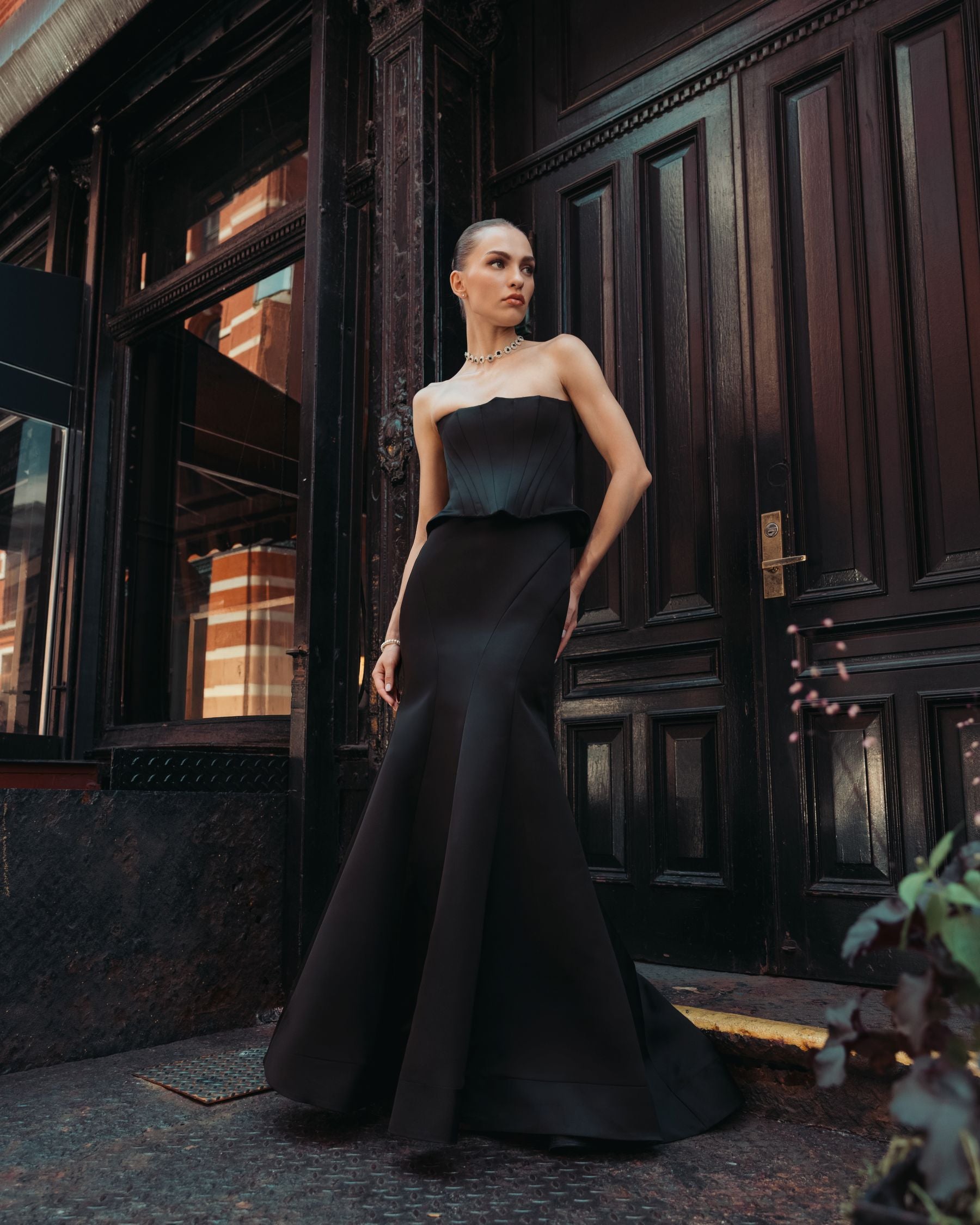 Black Strapless Satin Corset Peplum Gown  - Ieena for Mac Duggal