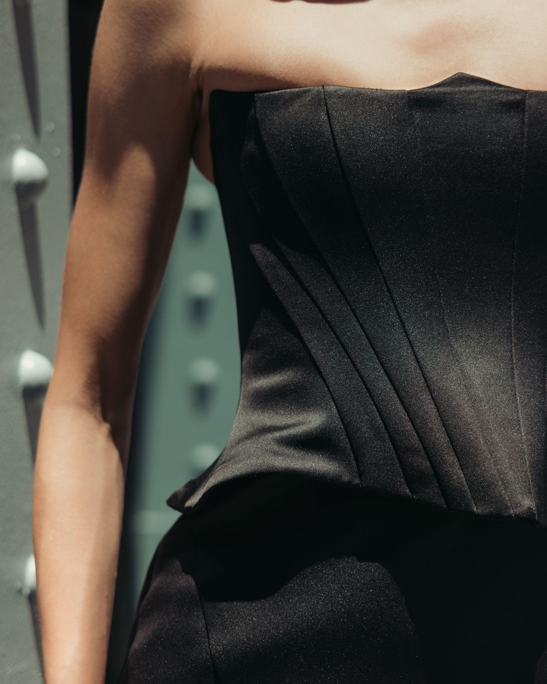 Black Strapless Satin Corset Peplum Gown  - Ieena for Mac Duggal