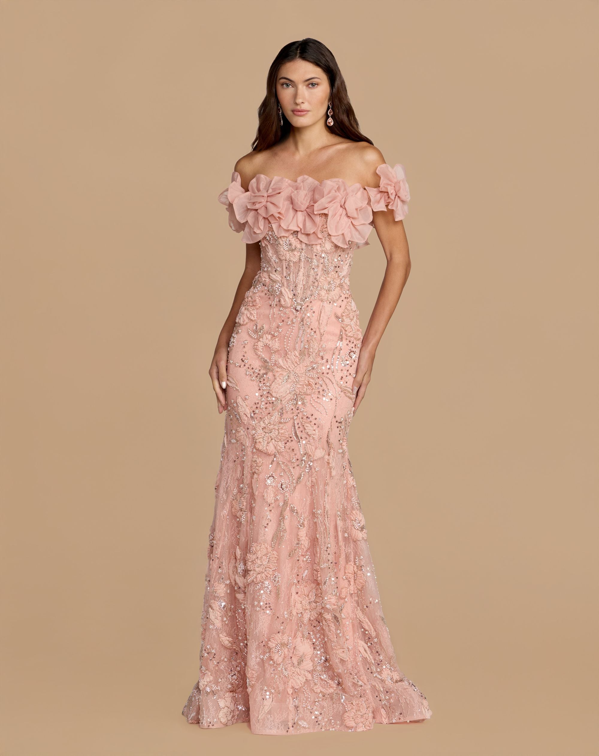 Pink Off The Shoulder Embellished Mermaid Gown Mac Duggal