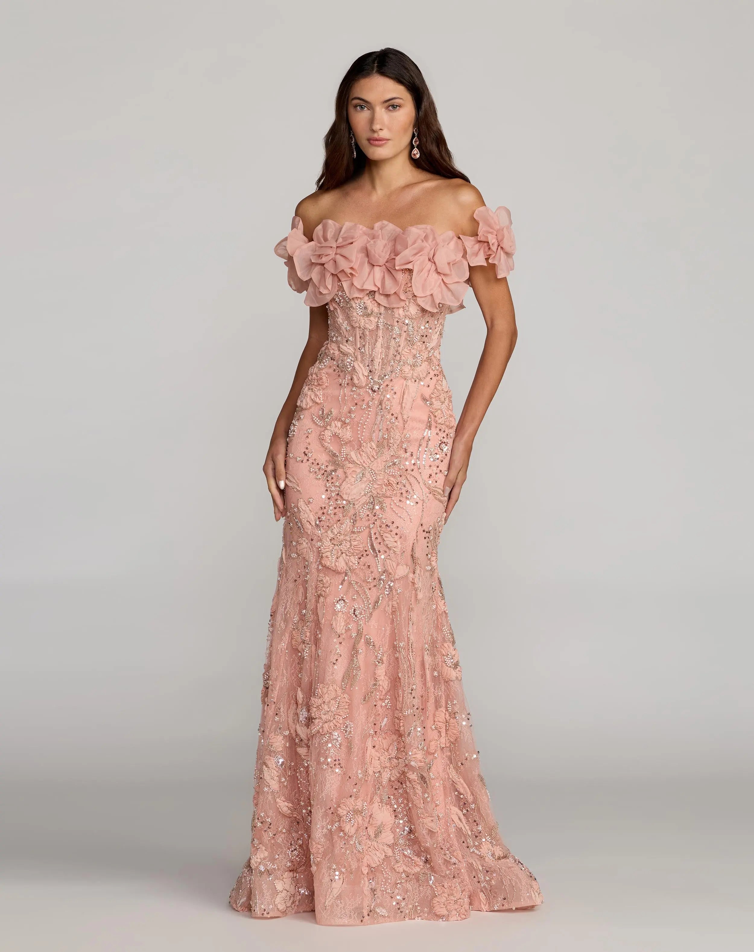 Blush 3D Floral Embellished Off The Shoulder Mermaid Gown Mac Duggal