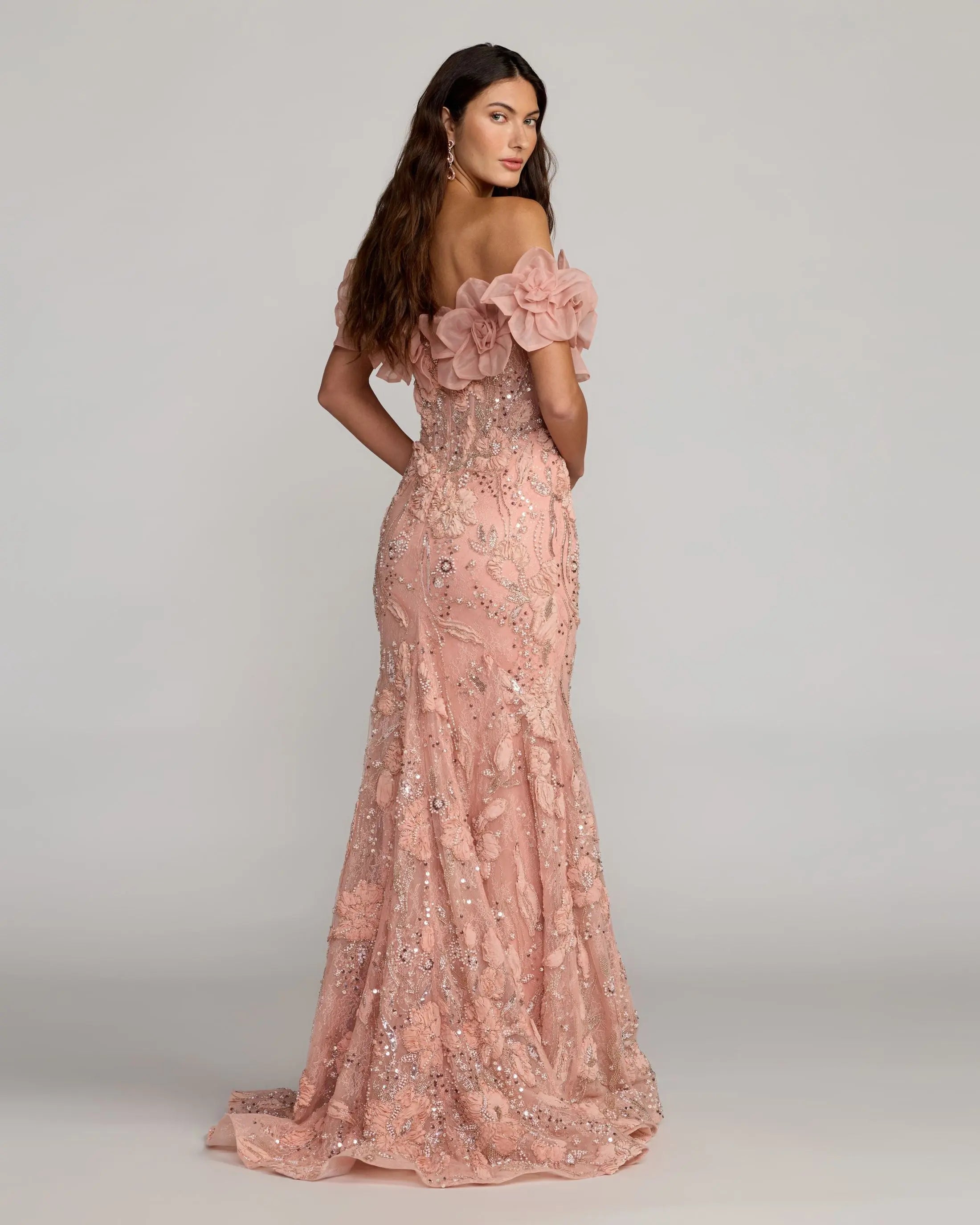 Blush 3D Floral Embellished Off The Shoulder Mermaid Gown Mac Duggal