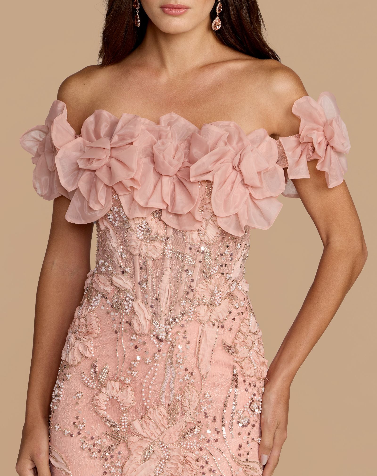strapless open back dress Pink Off The Shoulder Embellished Mermaid Gown