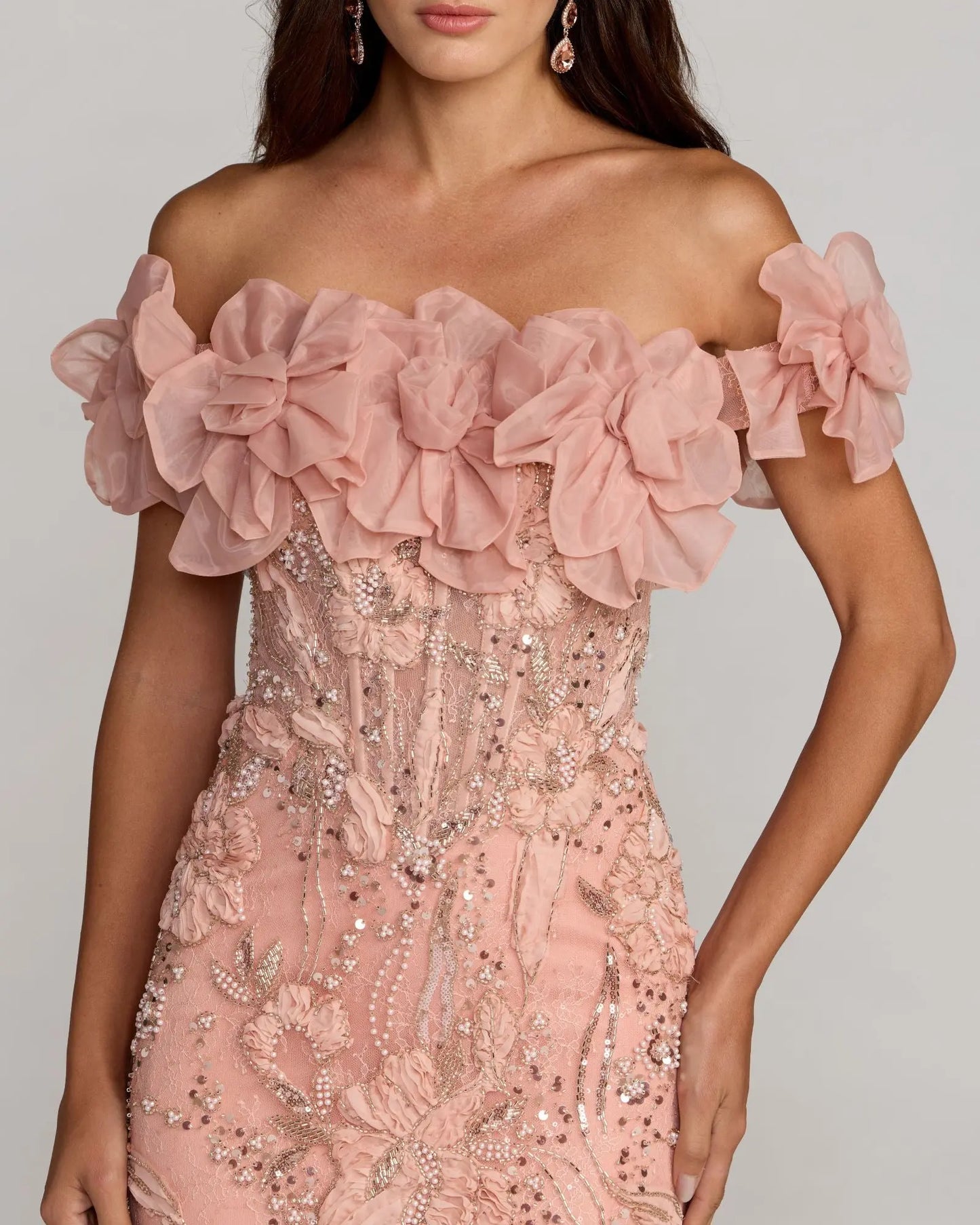 Blush 3D Floral Embellished Off The Shoulder Mermaid Gown Mac Duggal