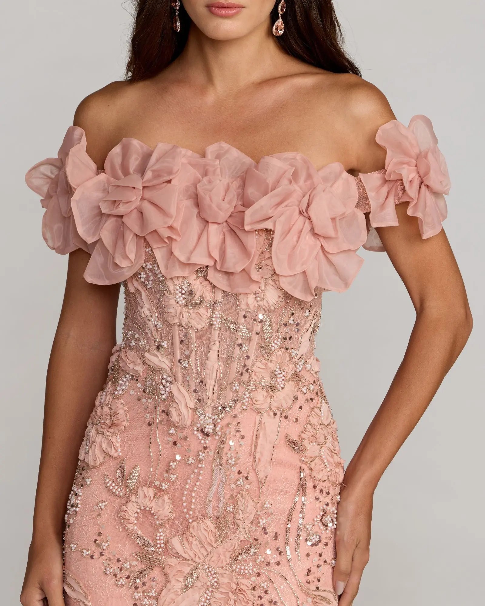 Blush 3D Floral Embellished Off The Shoulder Mermaid Gown Mac Duggal