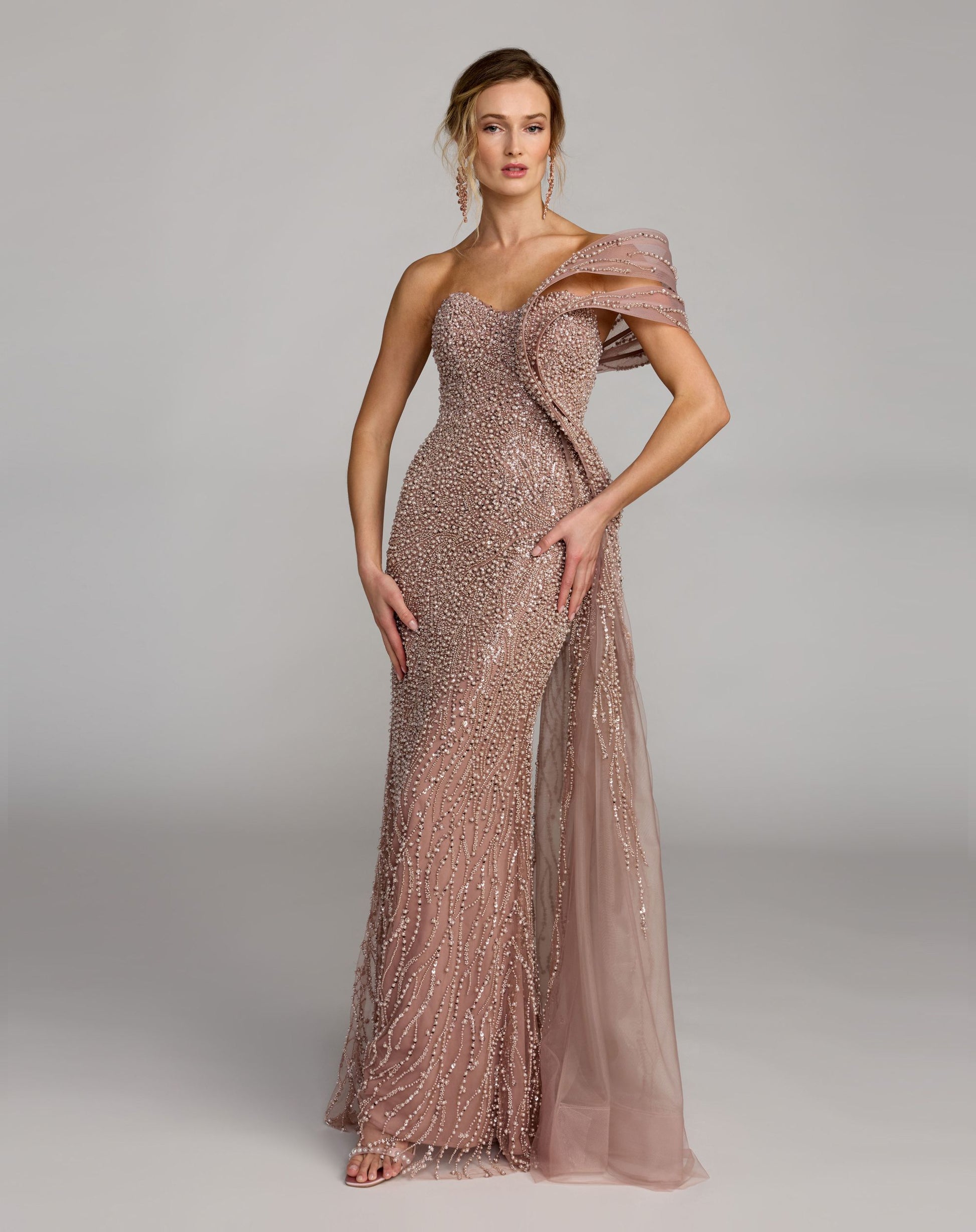 Pink One Shoulder Embellished Gown With Drape Detail - Mac Duggal