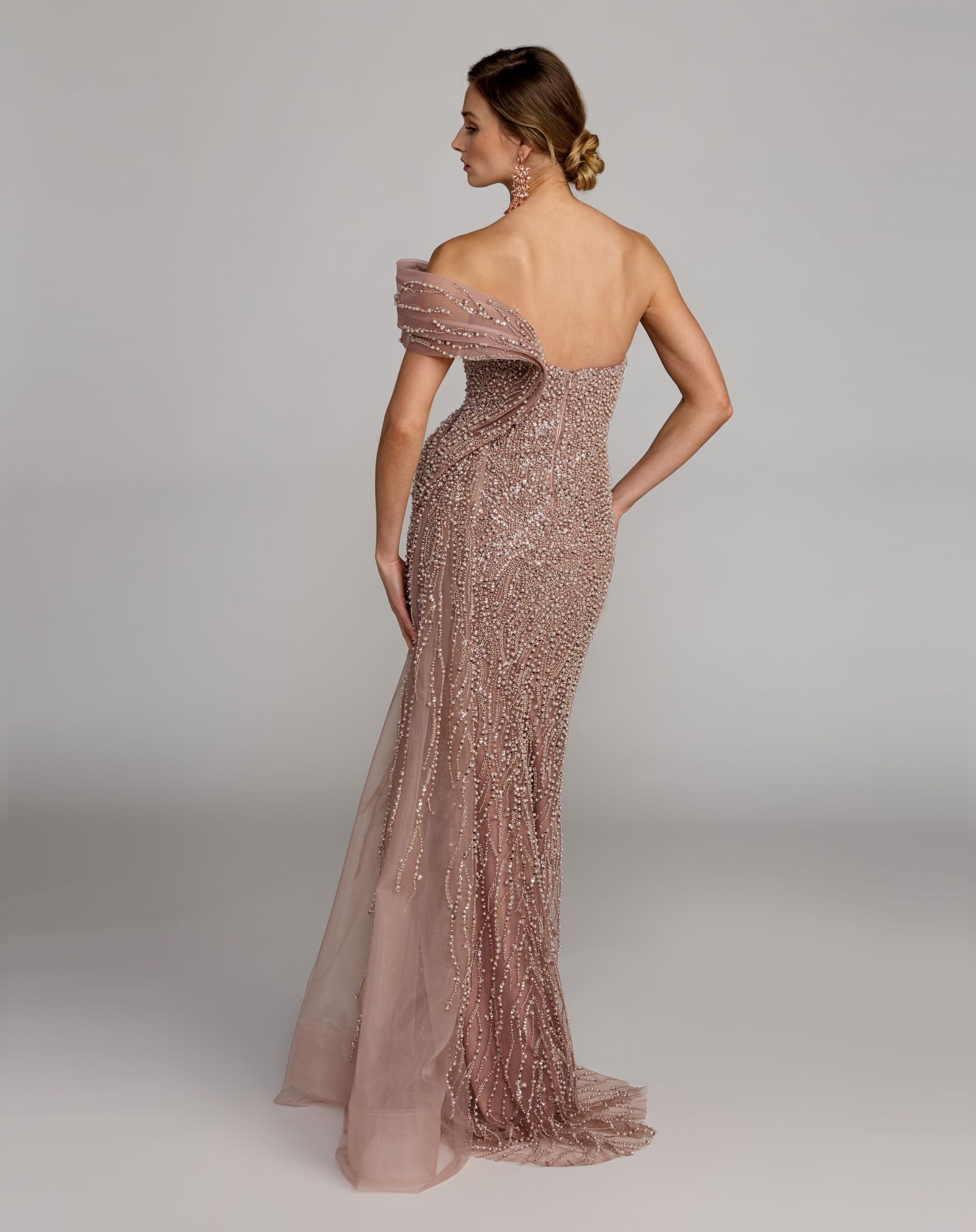Pink One Shoulder Embellished Gown With Drape Detail - Mac Duggal