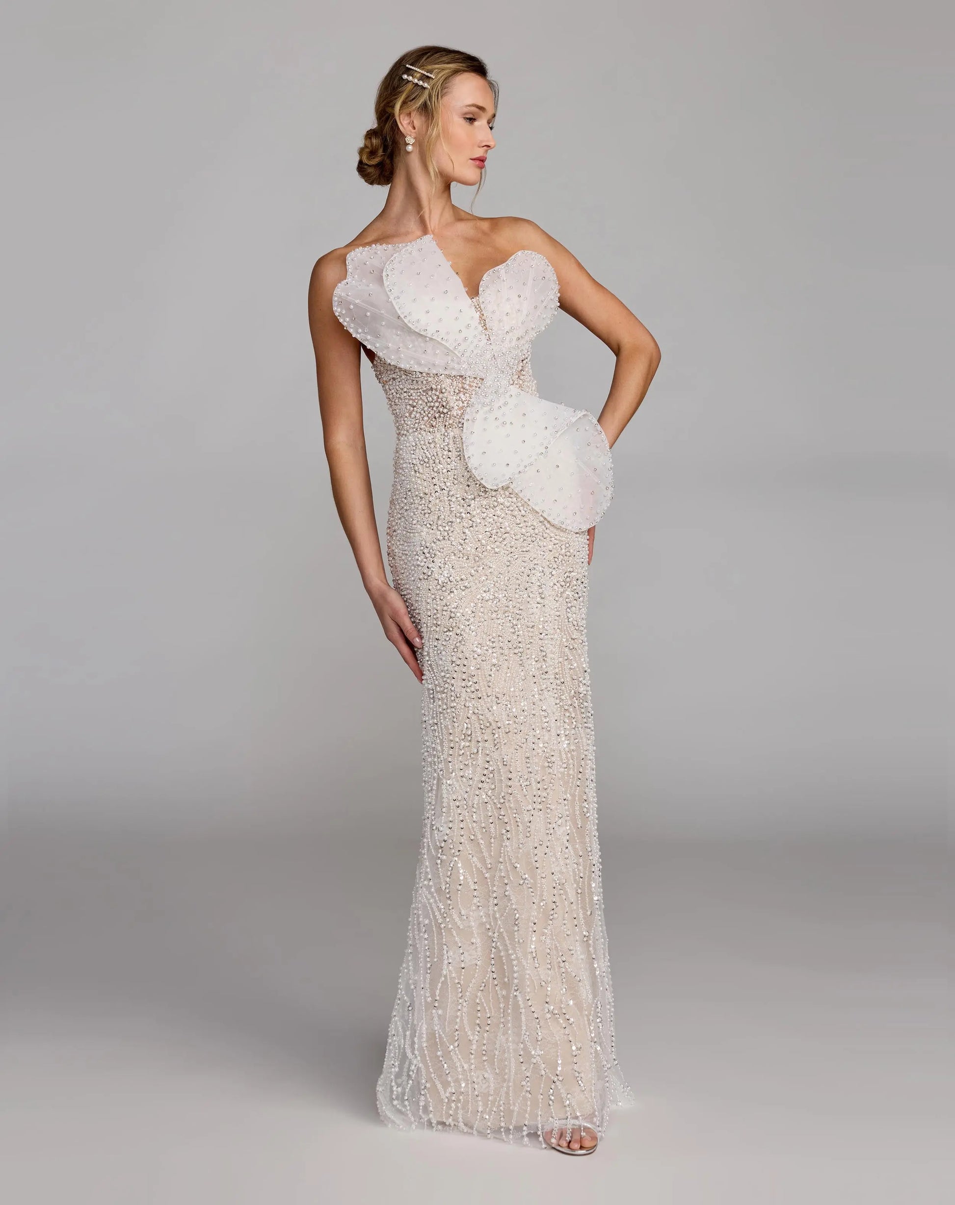 mac duggal ivory dress Ivory Strapless Embellished Column Gown With 3D Petals