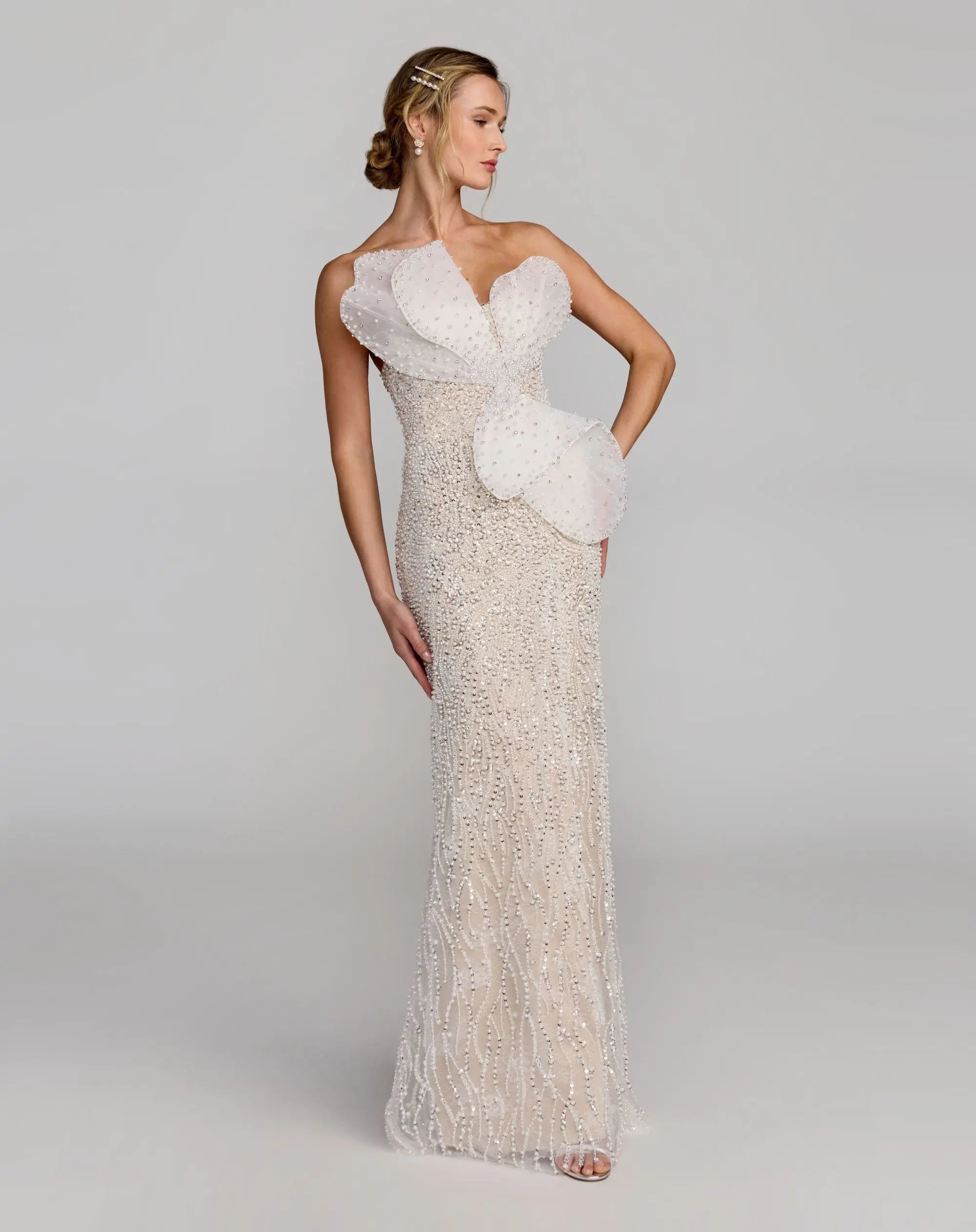 Ivory Strapless Embellished Column Gown with Bow Mac Duggal