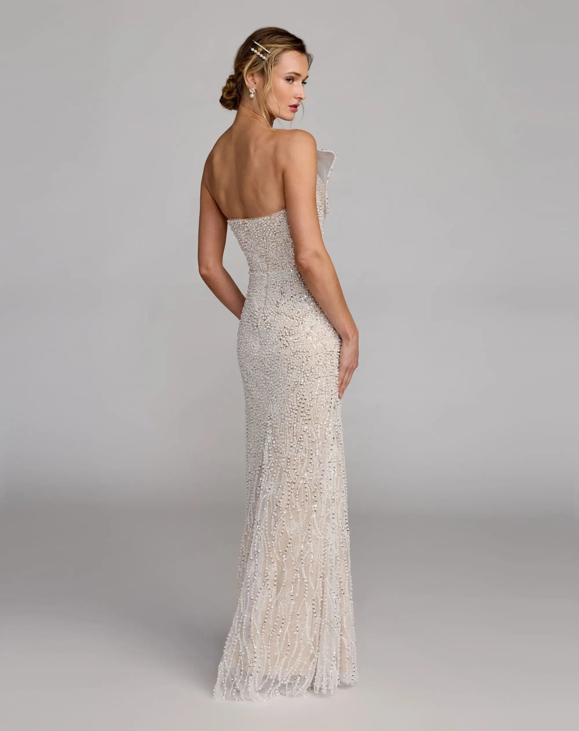 Ivory Strapless Embellished Column Gown with Bow Mac Duggal
