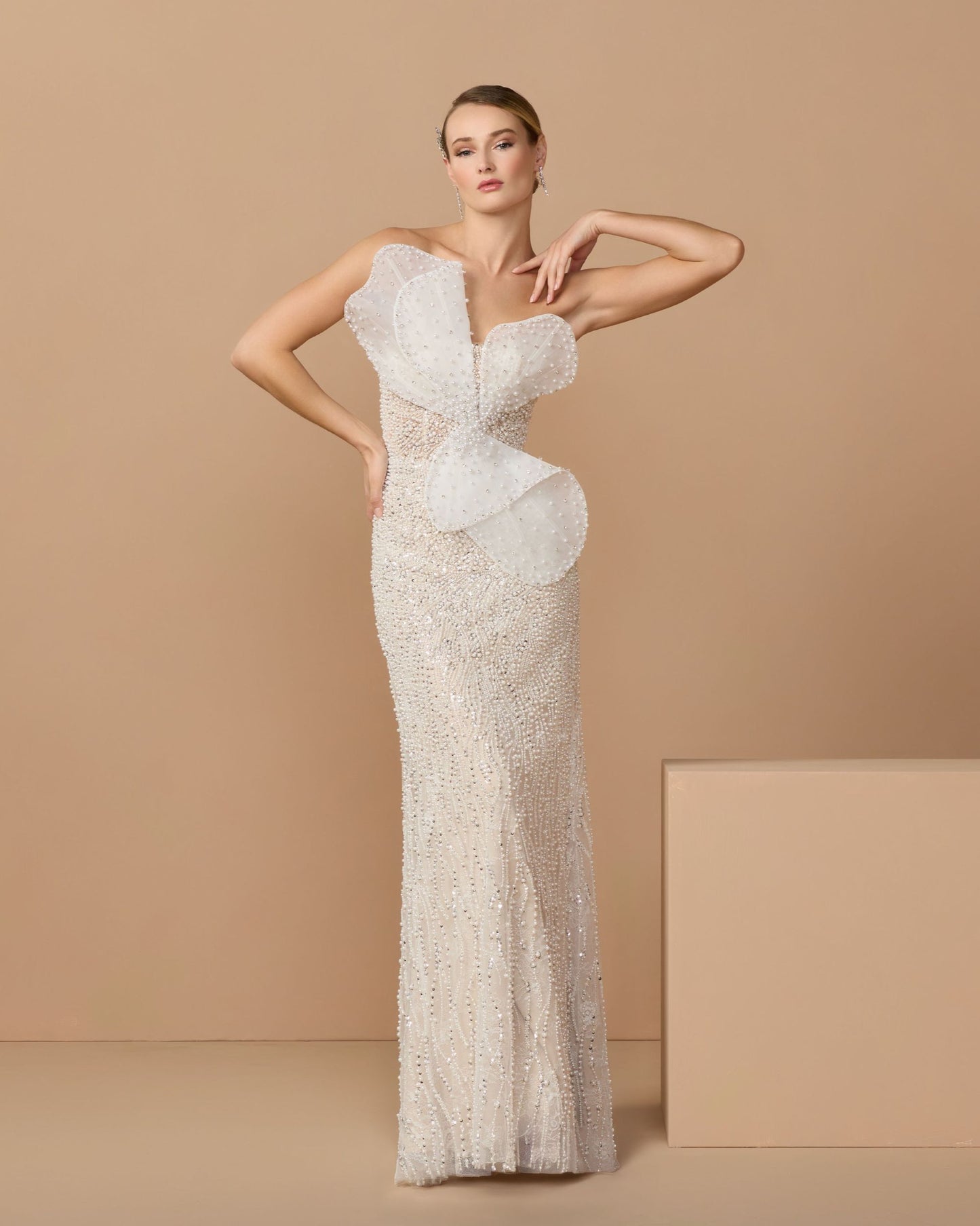 Ivory Strapless Embellished Column Gown with Bow
