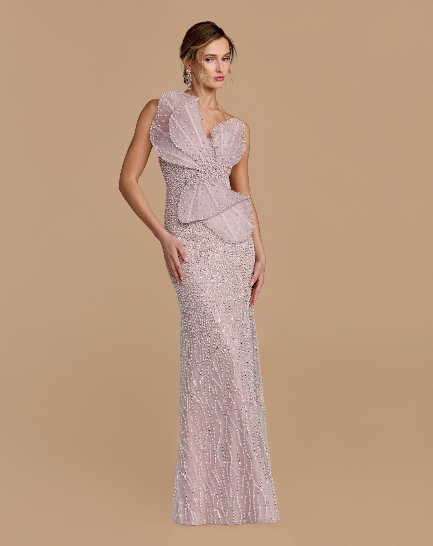 Purple Strapless Embellished Column Gown With 3D Petals Mac Duggal