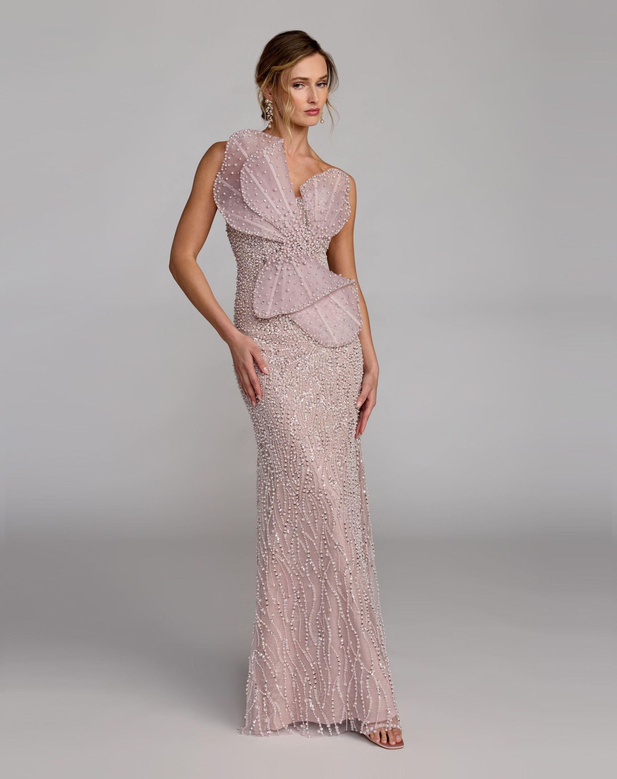 Purple Strapless Embellished Column Gown With 3D Petals - Mac Duggal