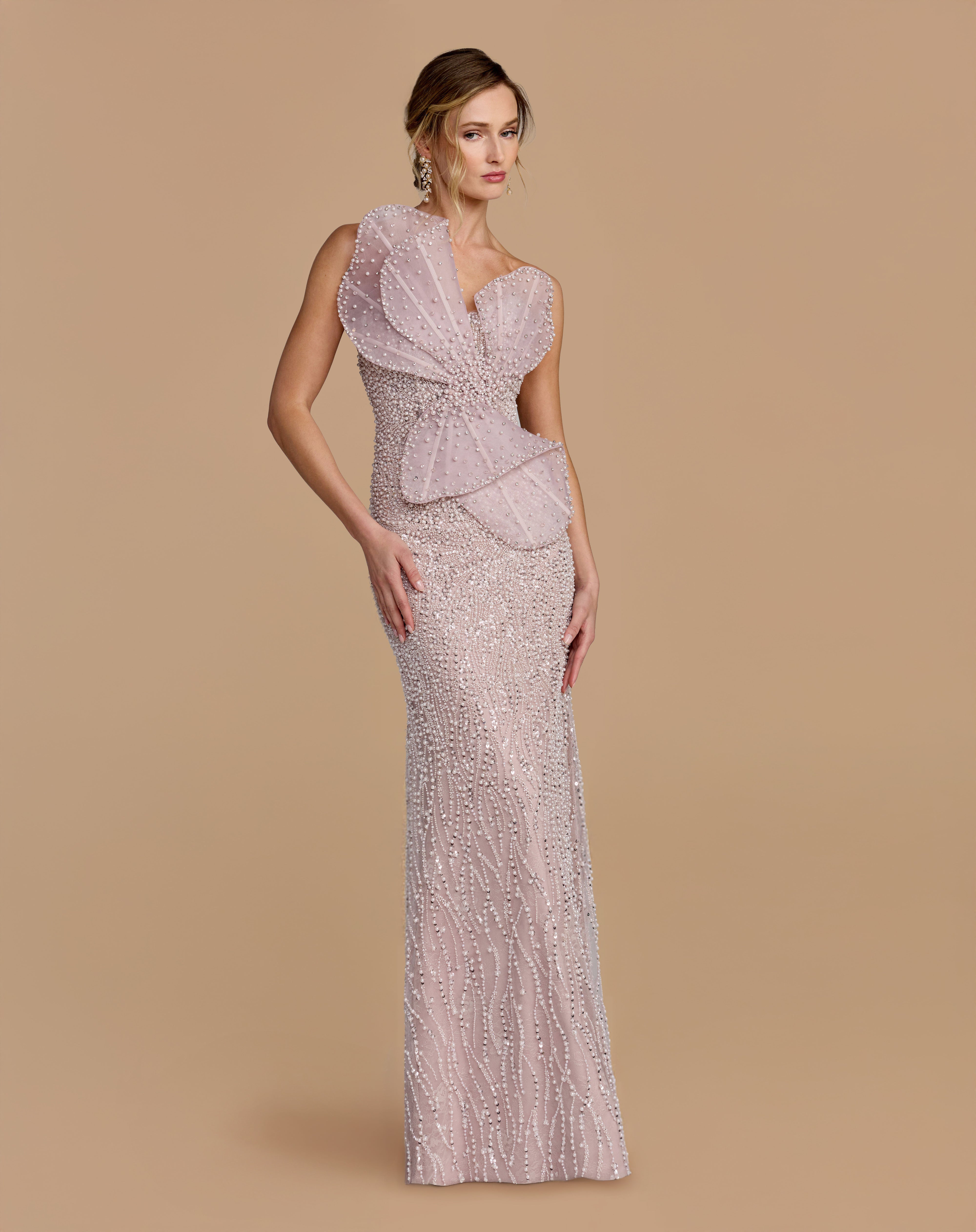 Purple Strapless Embellished Column Gown With 3D Petals