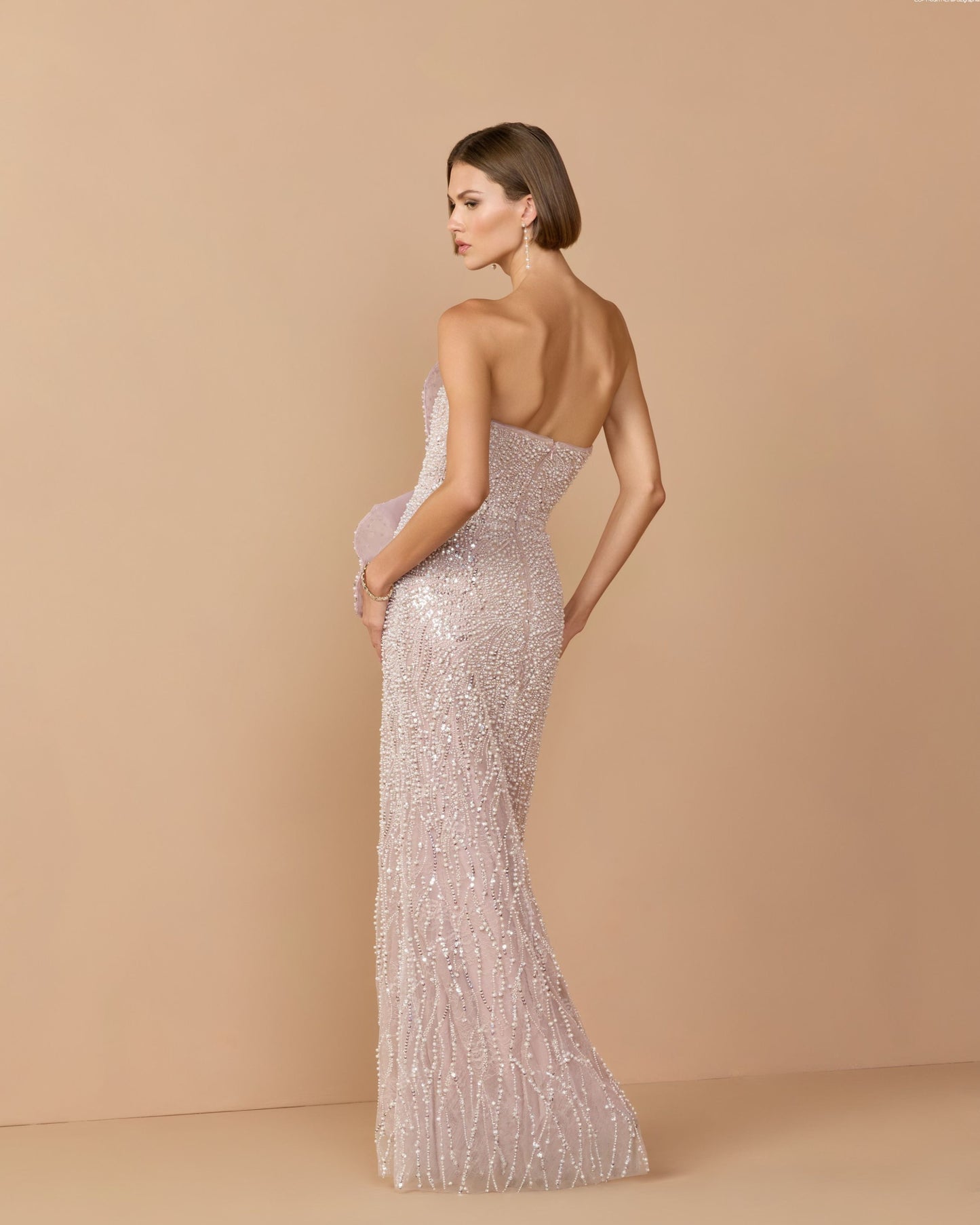 Purple Strapless Embellished Column Gown With 3D Petals