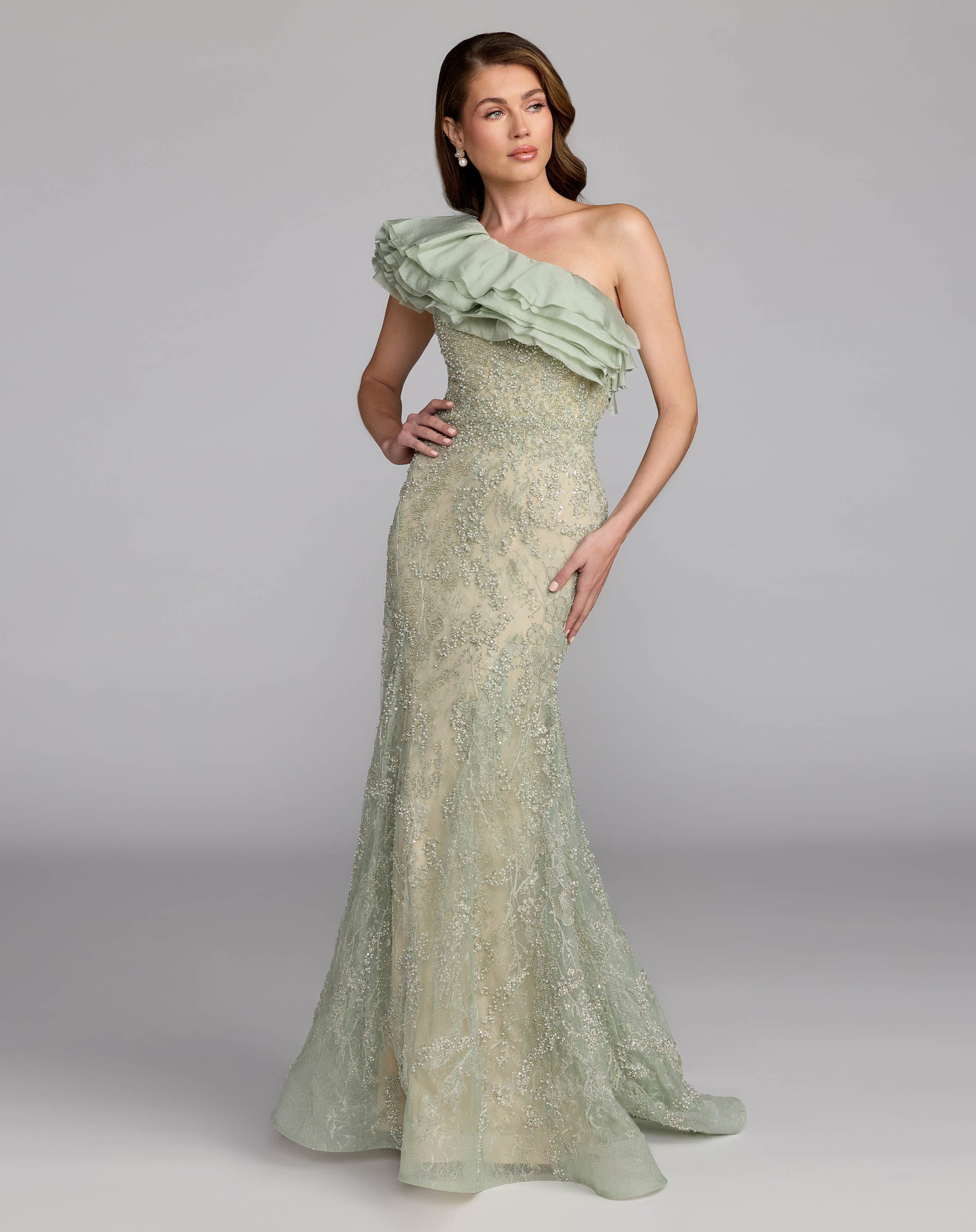 Green Embellished Lace One Shoulder Trumpet Gown - Mac Duggal