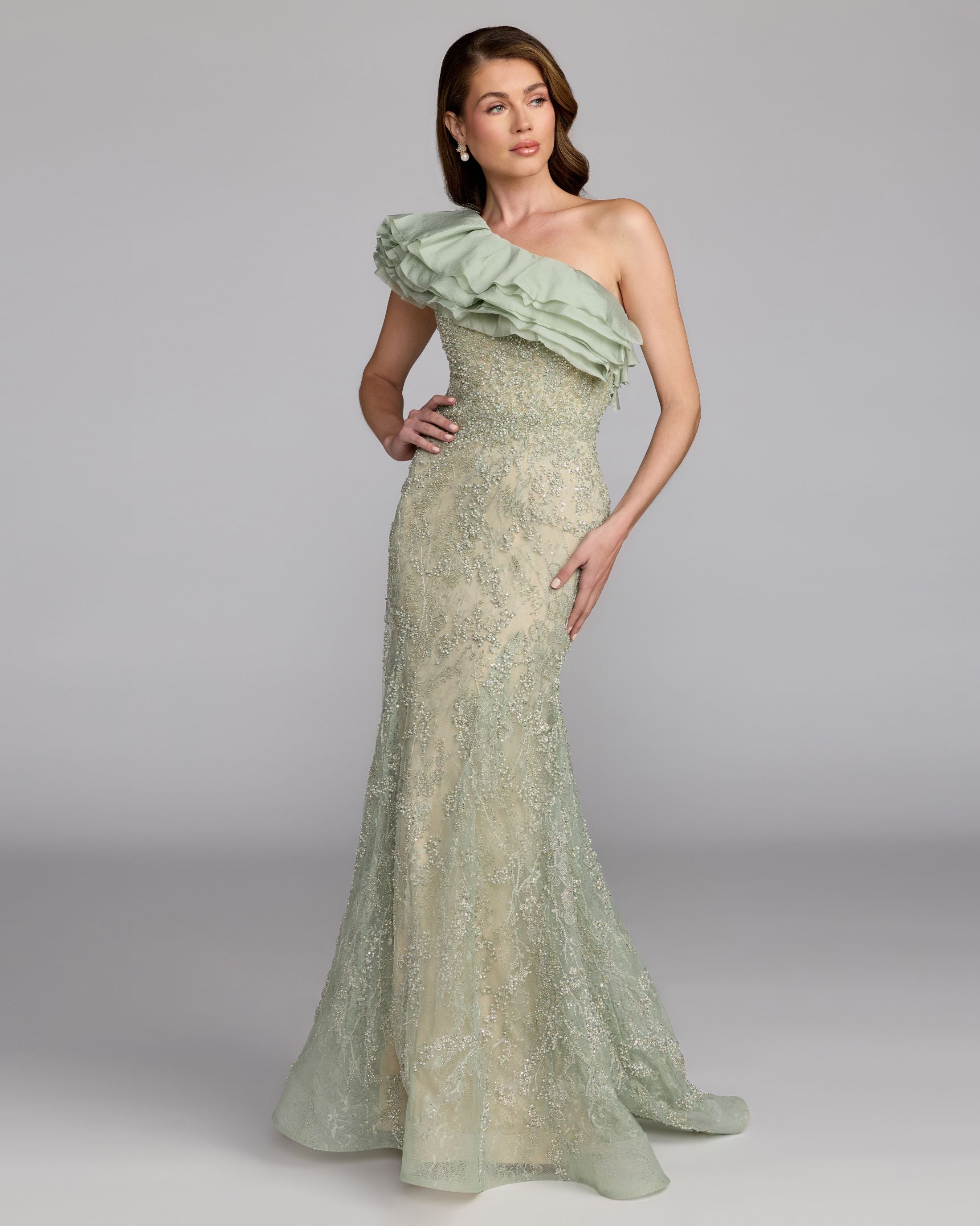Green Embellished Lace One Shoulder Trumpet Gown - Mac Duggal