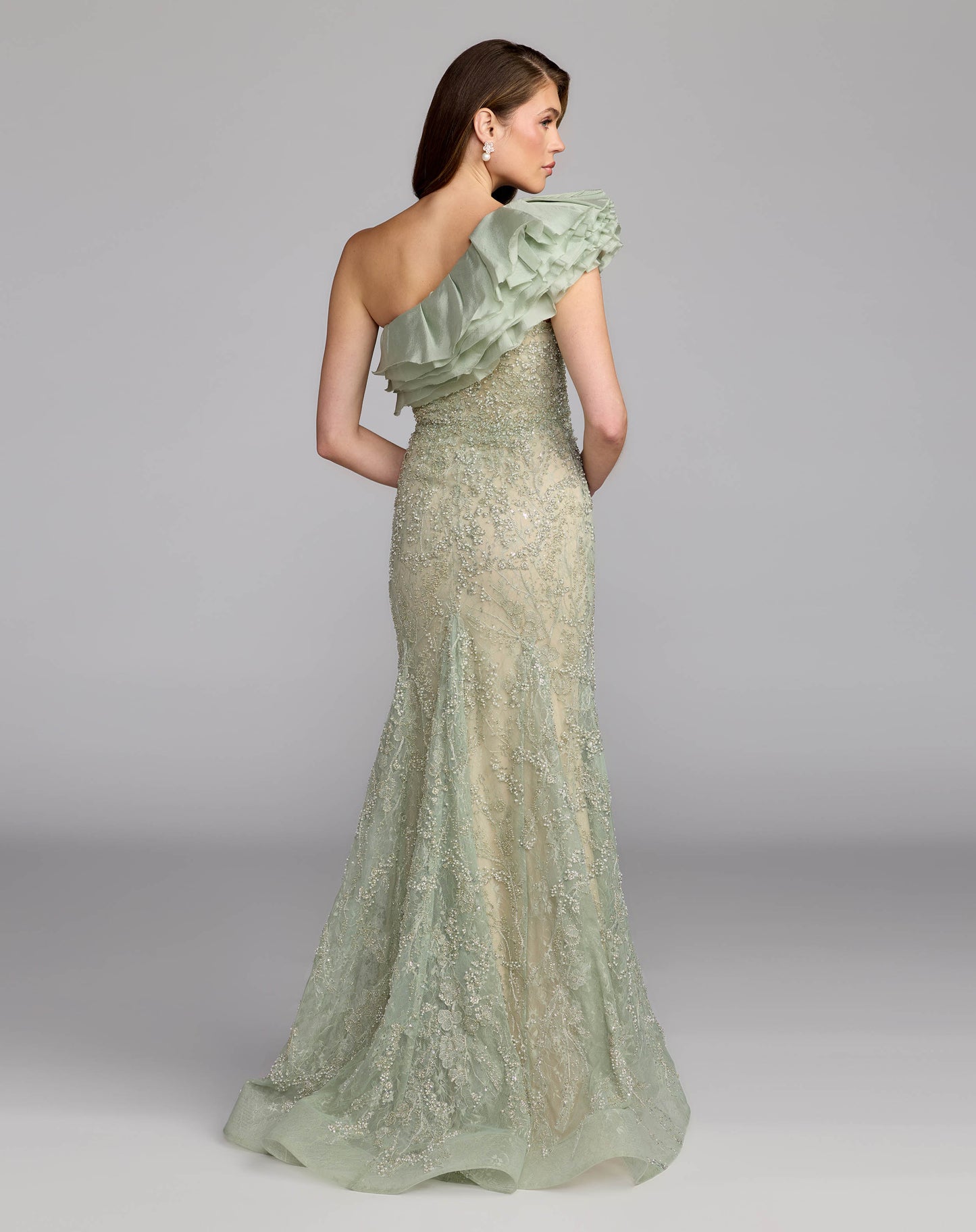 Green Embellished Lace One Shoulder Trumpet Gown - Mac Duggal
