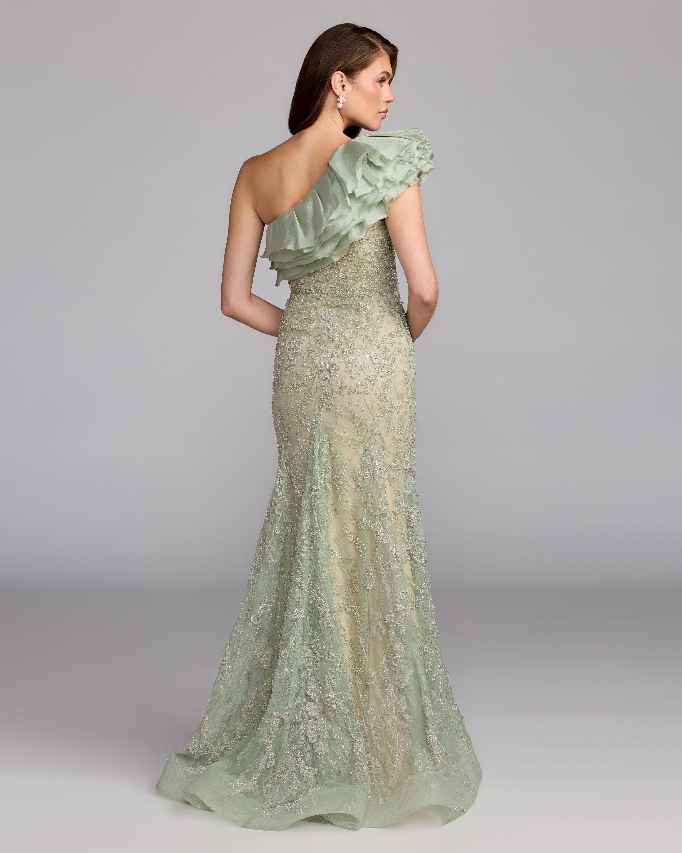 Green Embellished Lace One Shoulder Trumpet Gown - Mac Duggal