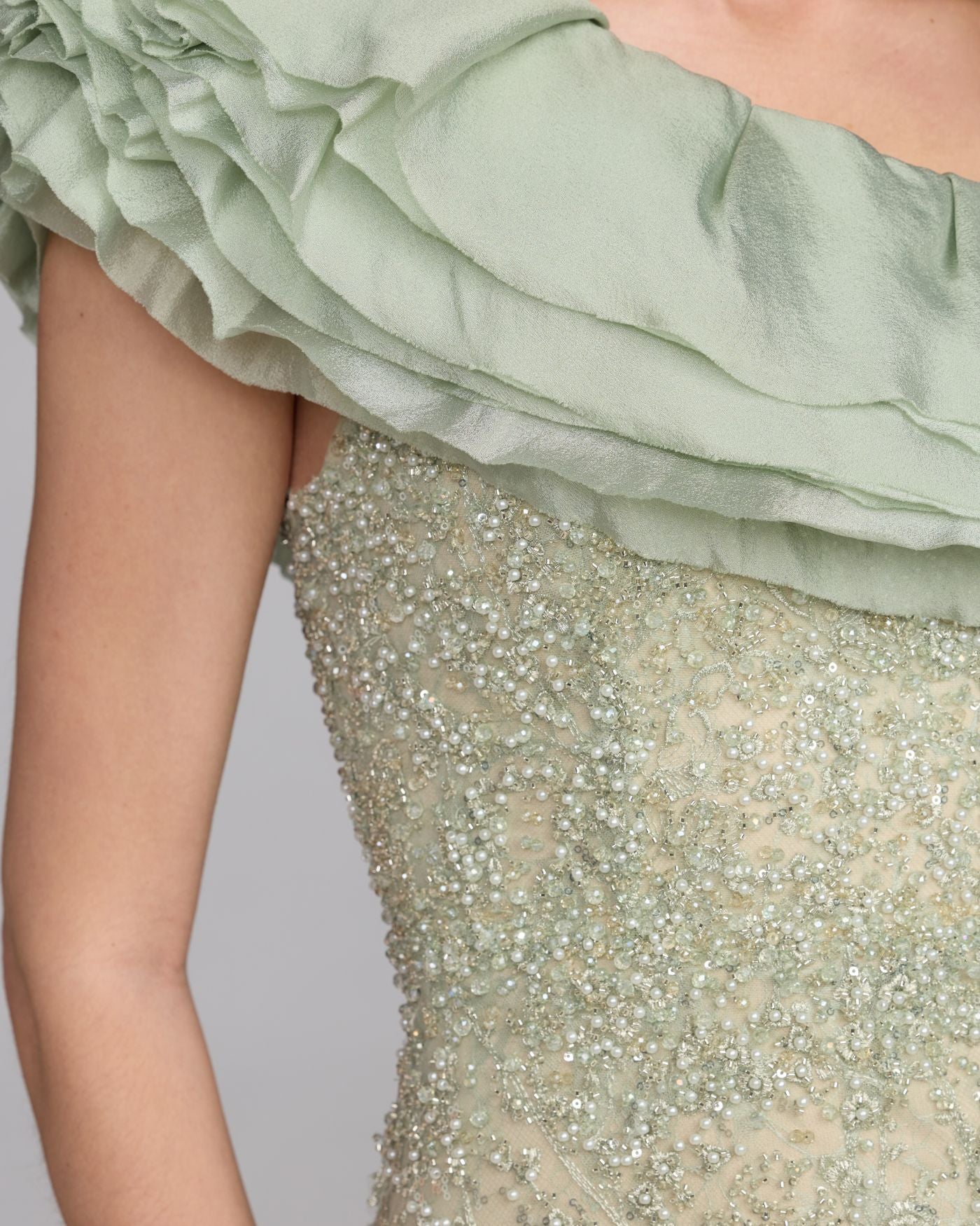 Green Embellished Lace One Shoulder Trumpet Gown - Mac Duggal