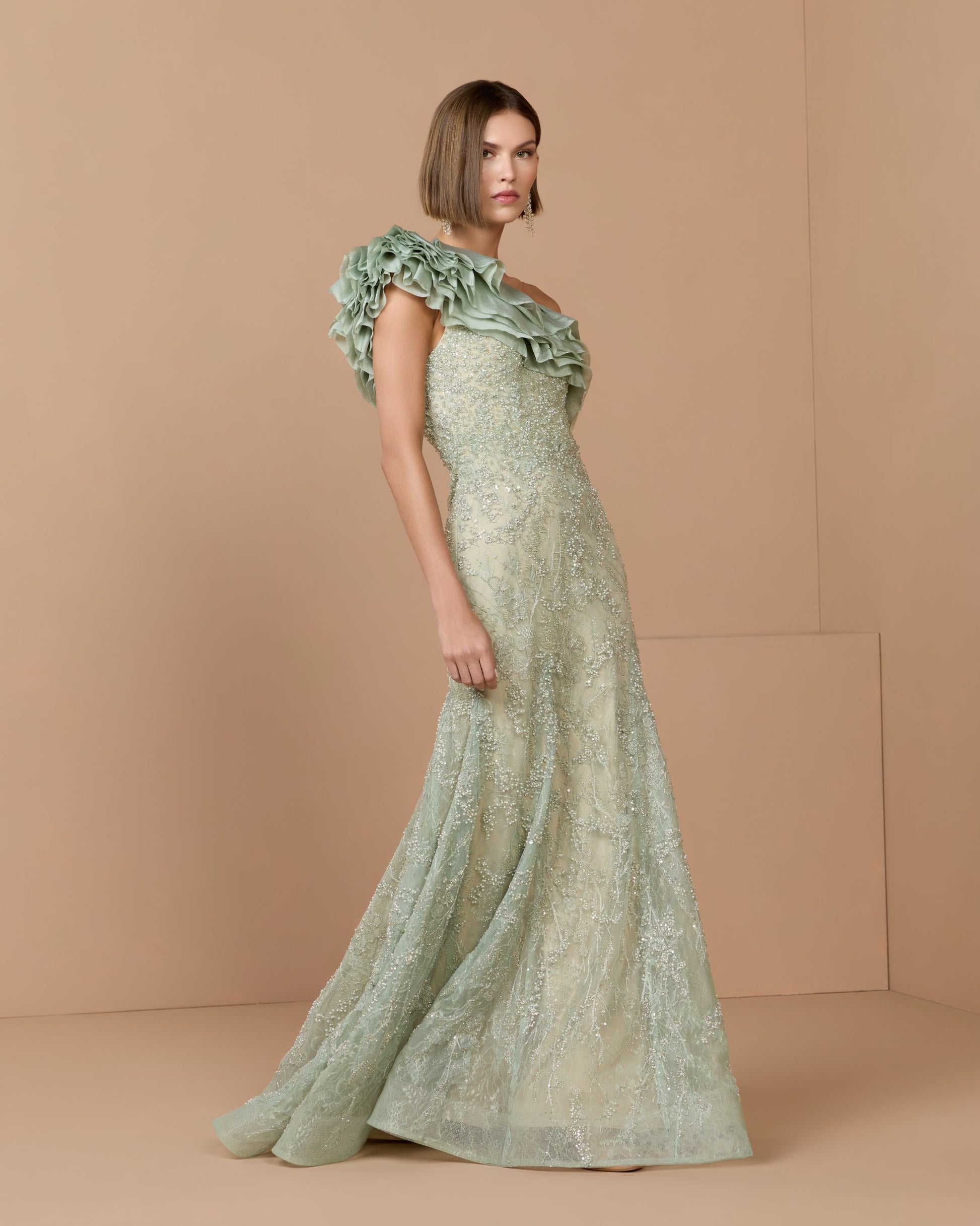 Green Embellished Lace One Shoulder Trumpet Gown - Mac Duggal