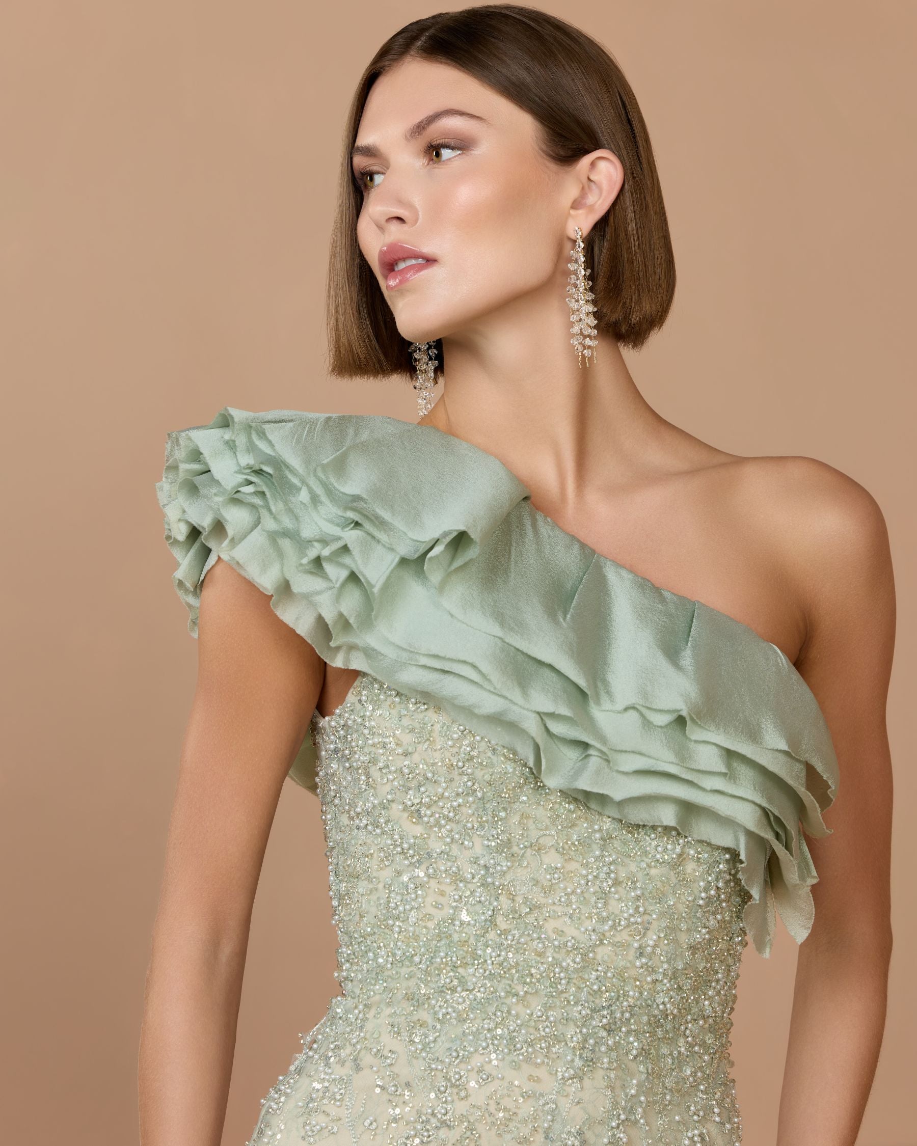 Green Embellished Lace One Shoulder Trumpet Gown - Mac Duggal