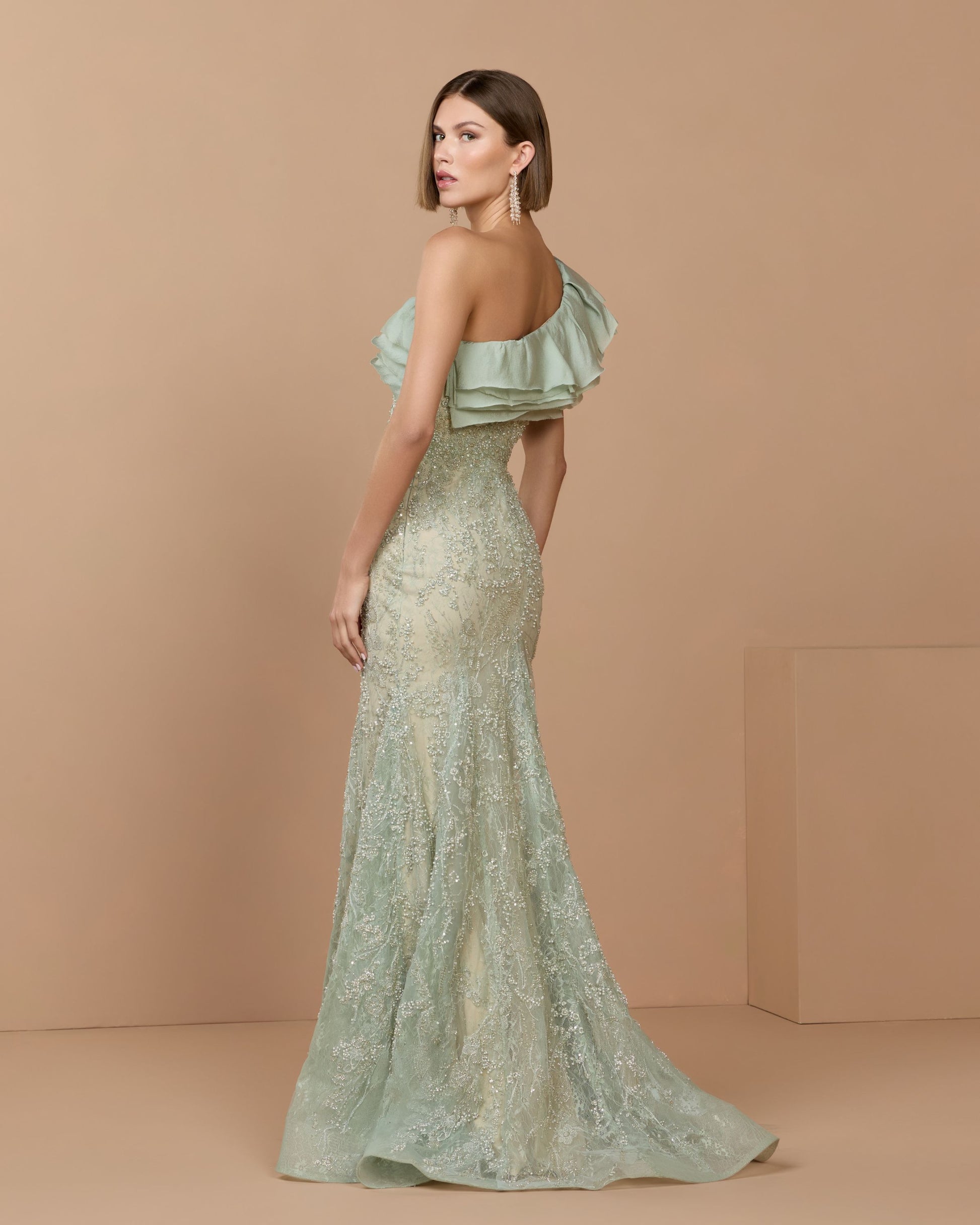 Green Embellished Lace One Shoulder Trumpet Gown - Mac Duggal