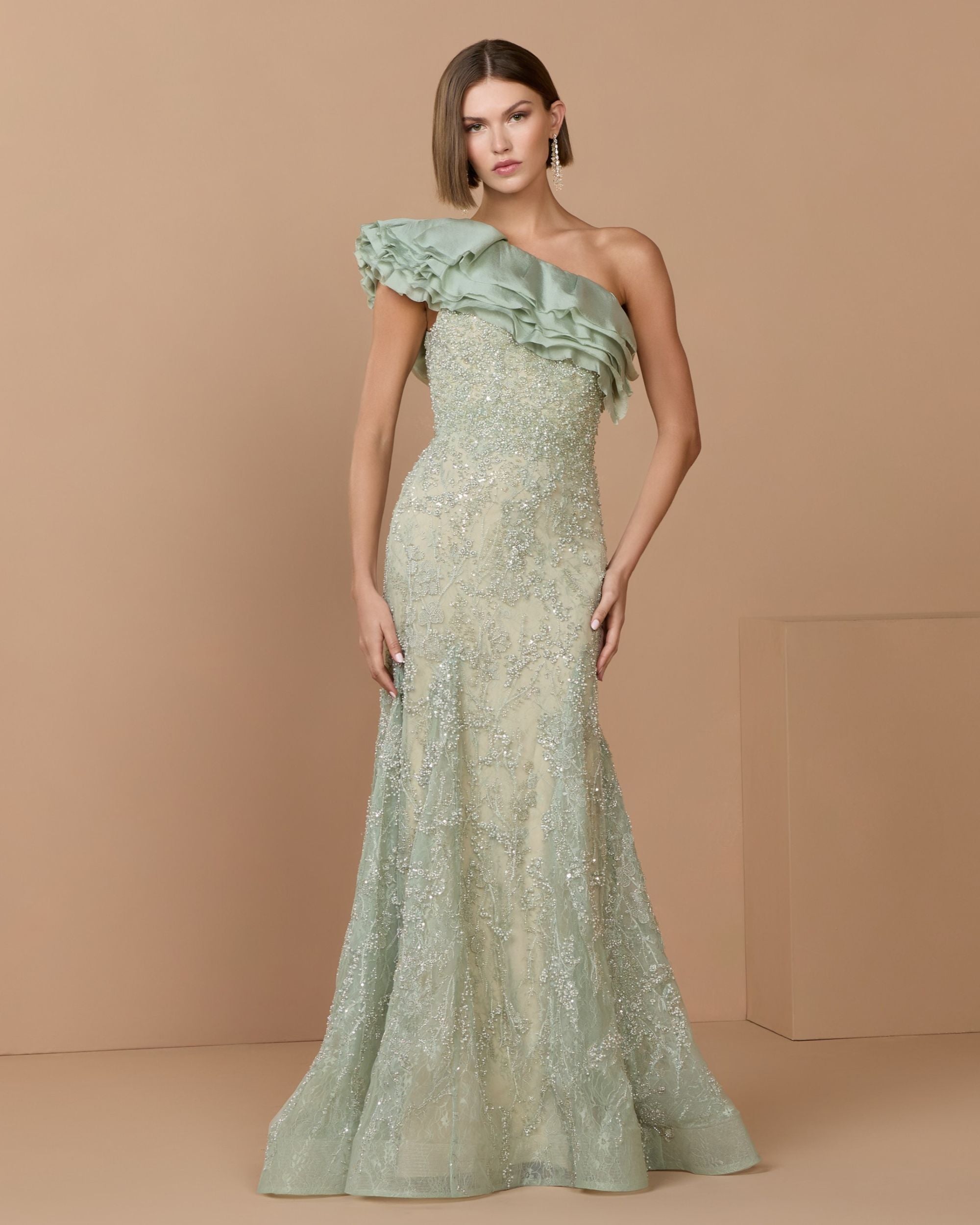 Green Embellished Lace One Shoulder Trumpet Gown - Mac Duggal